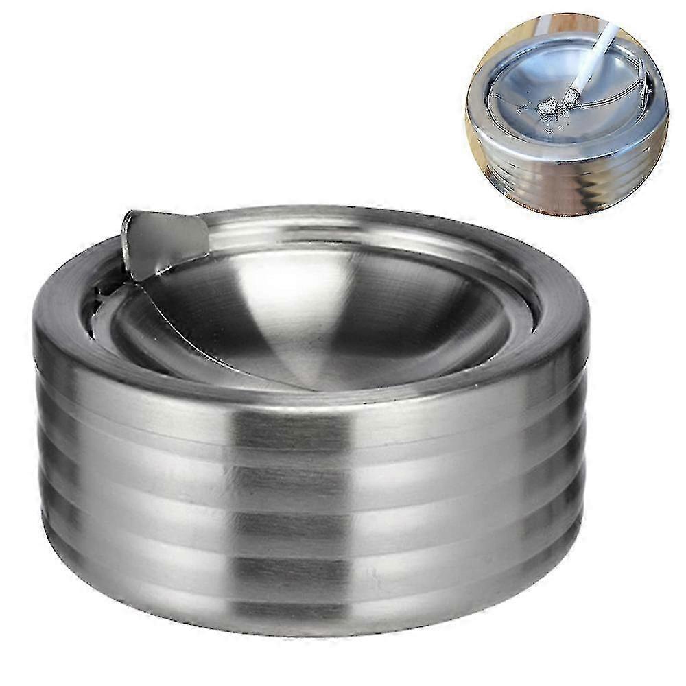 Large Polished Stainless Steel Ashtray With Lid, Decorative Embossed Design Suitable For Various Home Environments
