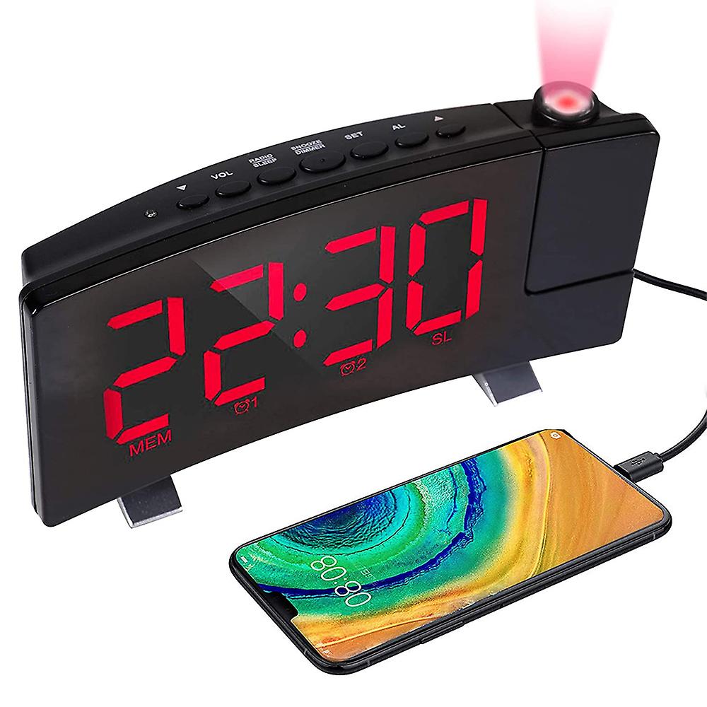 Digital Alarm Clock, Projection Alarm Clocks For Bedroom With 4 Dimmer, Usb Phone Charger, 180 Rotable Projector-body Black+red Font
