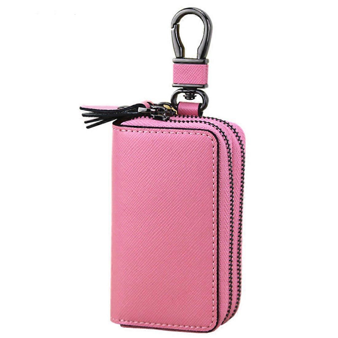 Unisex Genuine Leather Key Case Holder - Large Pink Double Zipper Car Key Fob Organizer with Spacious Design