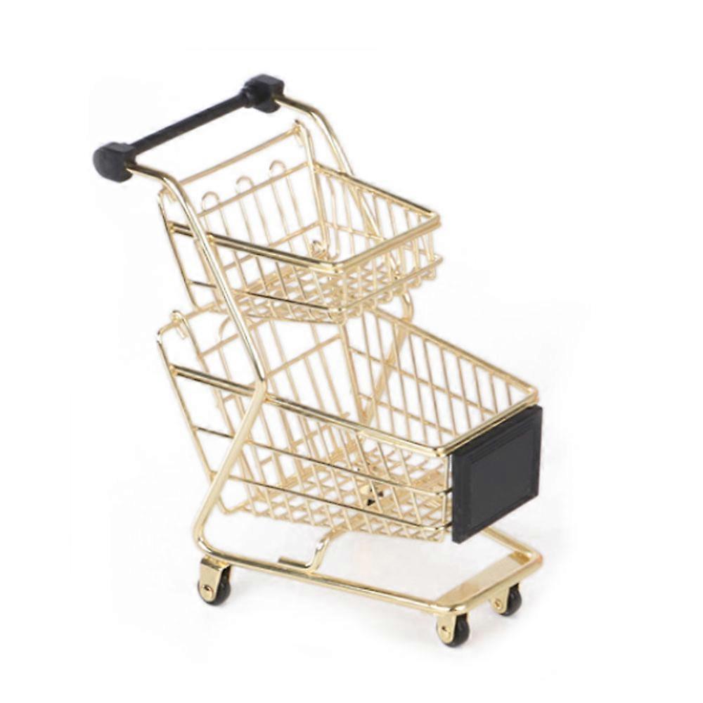 Iron Double Layer Supermarket Handcart Shopping Utility Cart Mode Toy for Desktop Decor Ornament Golden