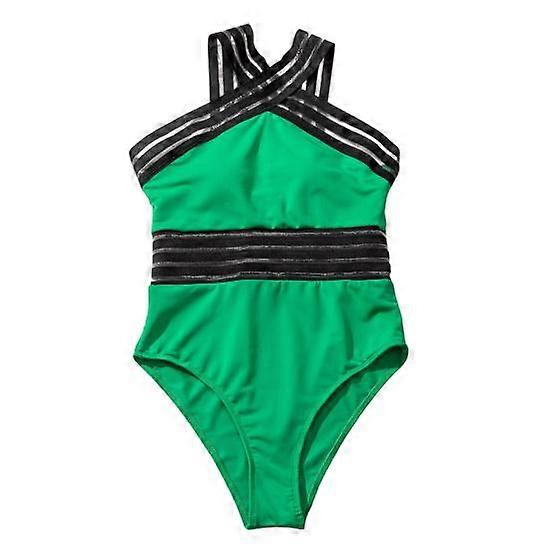 Women Sexy Monokini Crossover Halter One Piece Swimsuit Hollow Mesh Splicing High Waist S Shaped Swimwear Beachwear