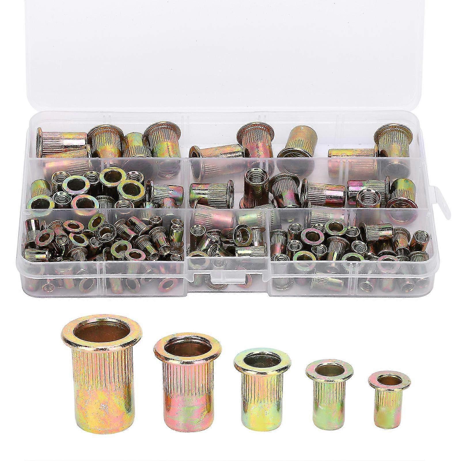 120 Pcs Color-Plated Zinc Rivet Nut Set with Box - M4, M5, M6, M8, M10 Vertical Thread Combination for Versatile Fastening Solutions