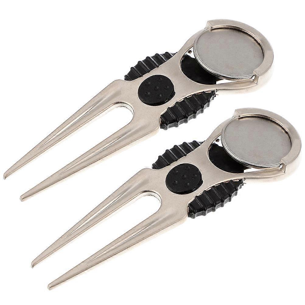Golf Divot Tool Lawn Repair Ball Marker Holder Portable Design Zinc Alloy Fork Shape 2Pcs