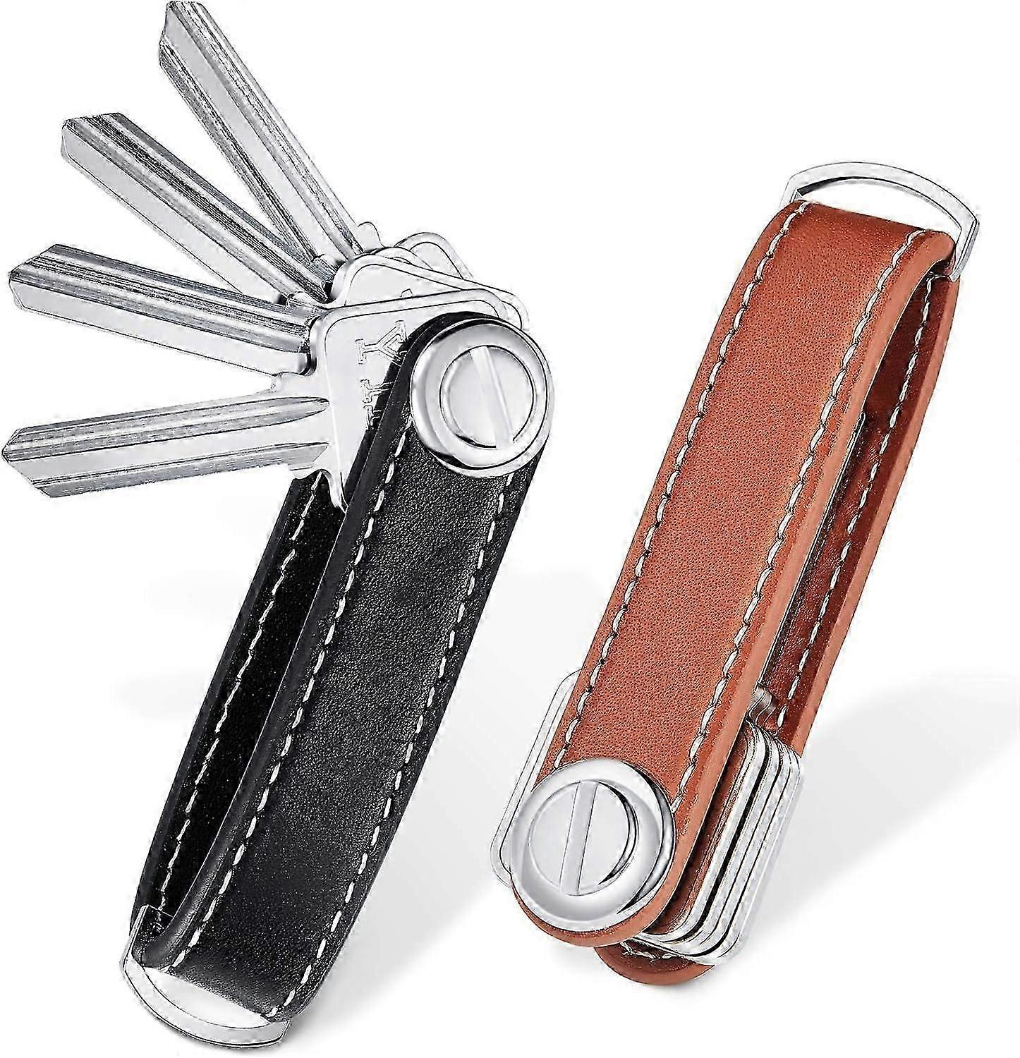 2025 Latest Model 2 Sets Leather Key Organizer Compact Folding Pocket Key Holder up to 16 for Mens