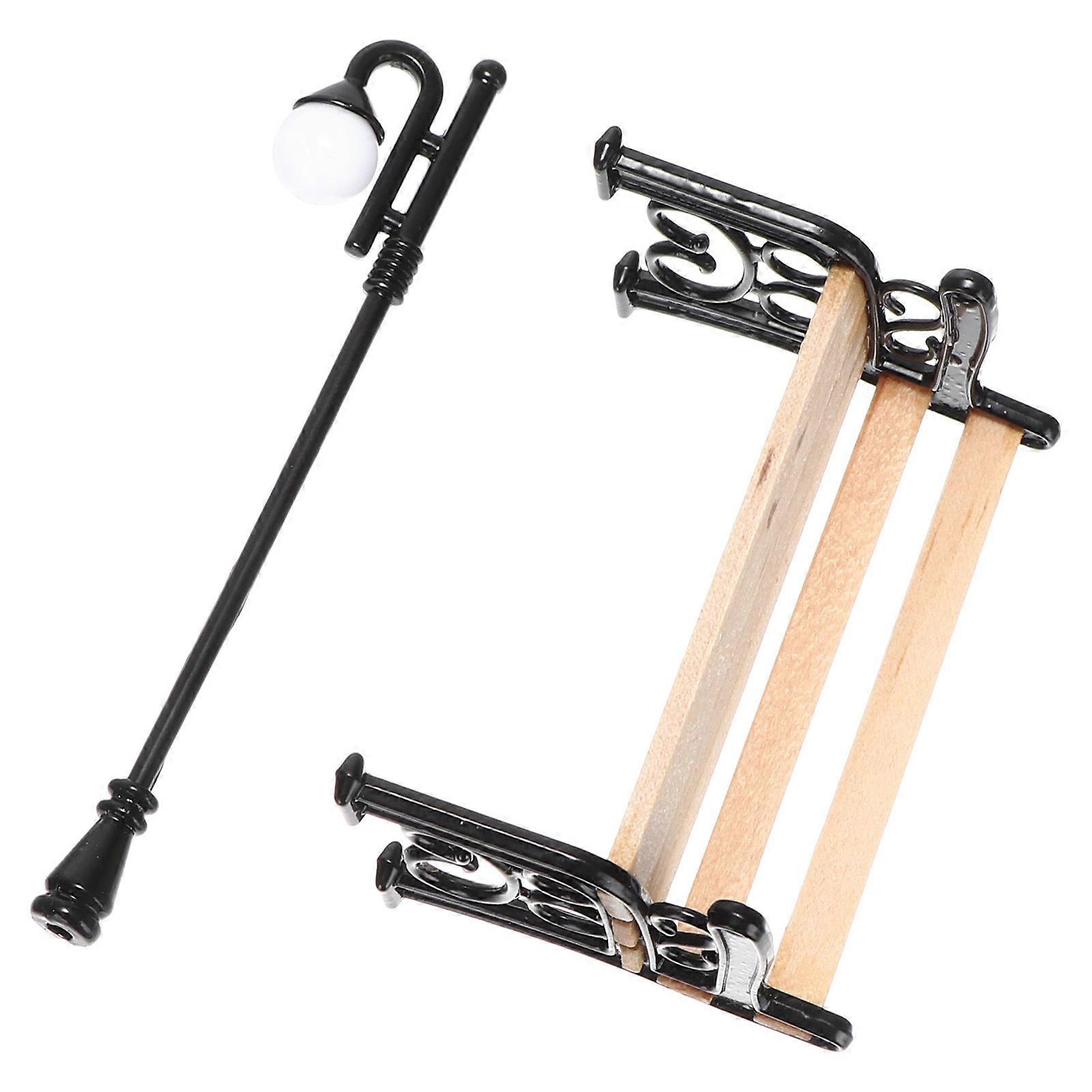 Adorable Mini Street Light and Park Chair Set Creative Alloy Desktop Decoration for Mini Scenes 6 Pieces