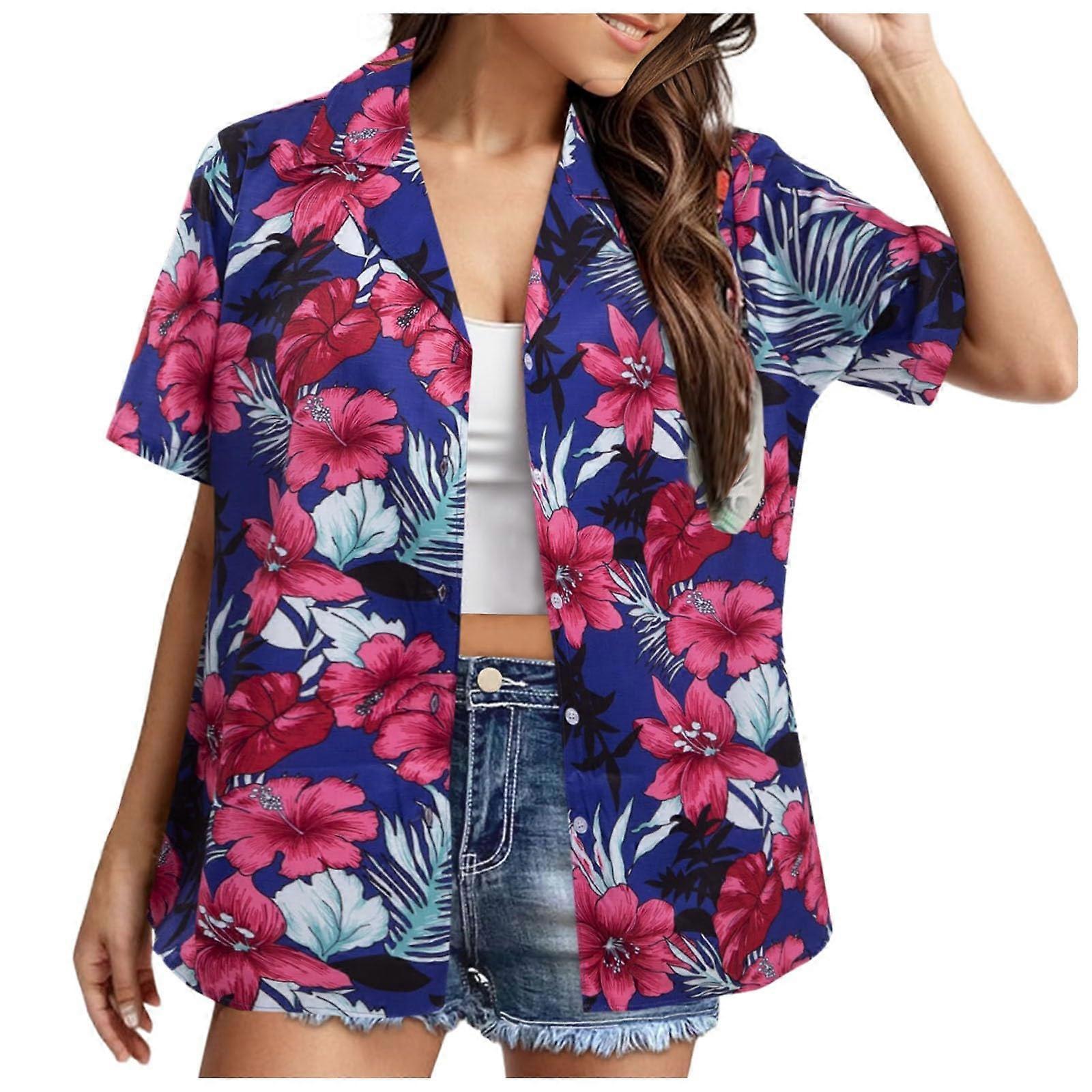Women's Hawaiian Blouse Short Sleeve ButtonDown Floral Boho Print Beach Aloha Shirt Regular Fit Blue M