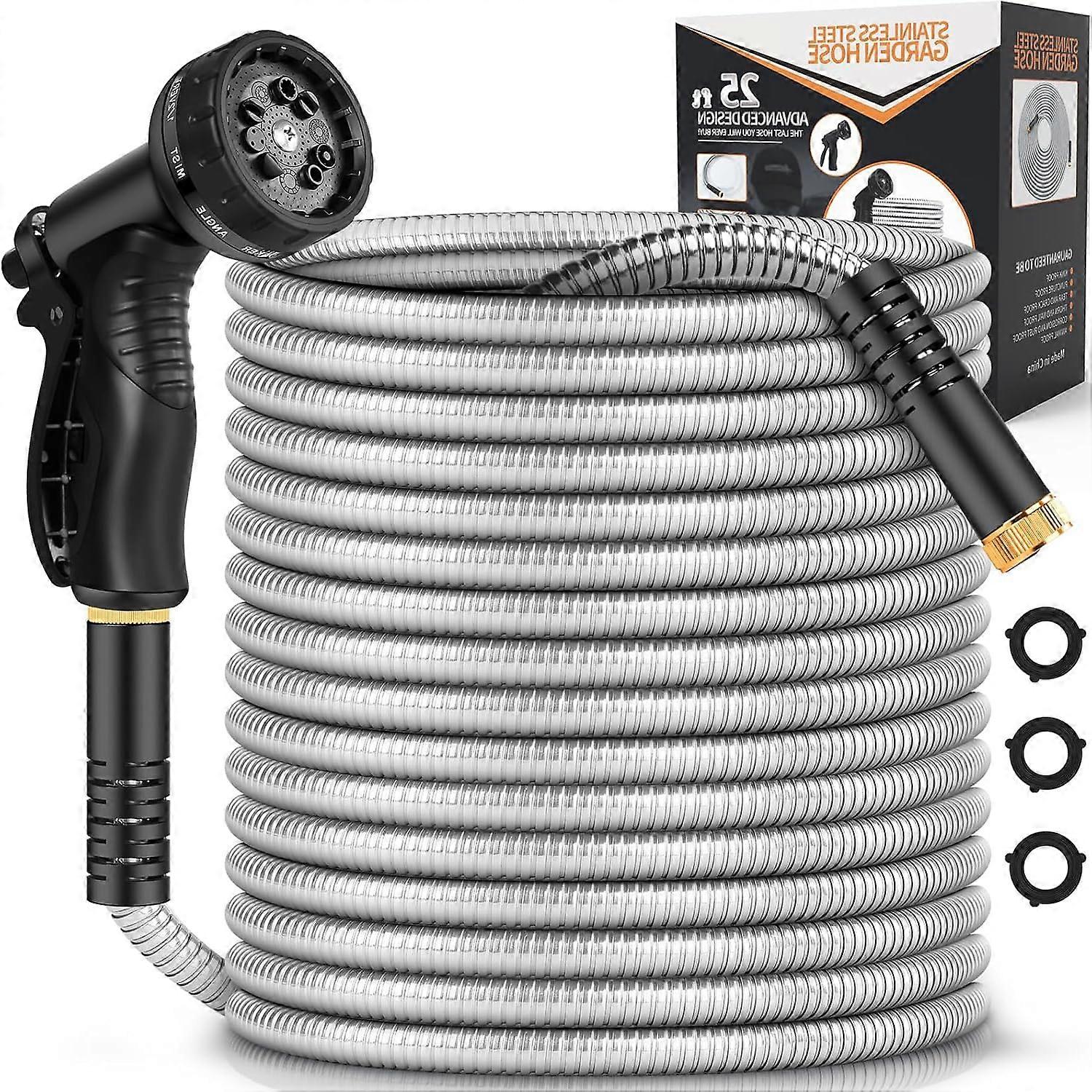 Stainless Steel Garden Hose 25-Foot Heavy Duty Flexible Kink-Free Rustproof With 10-Function Nozzle For Yard Outdoor RV