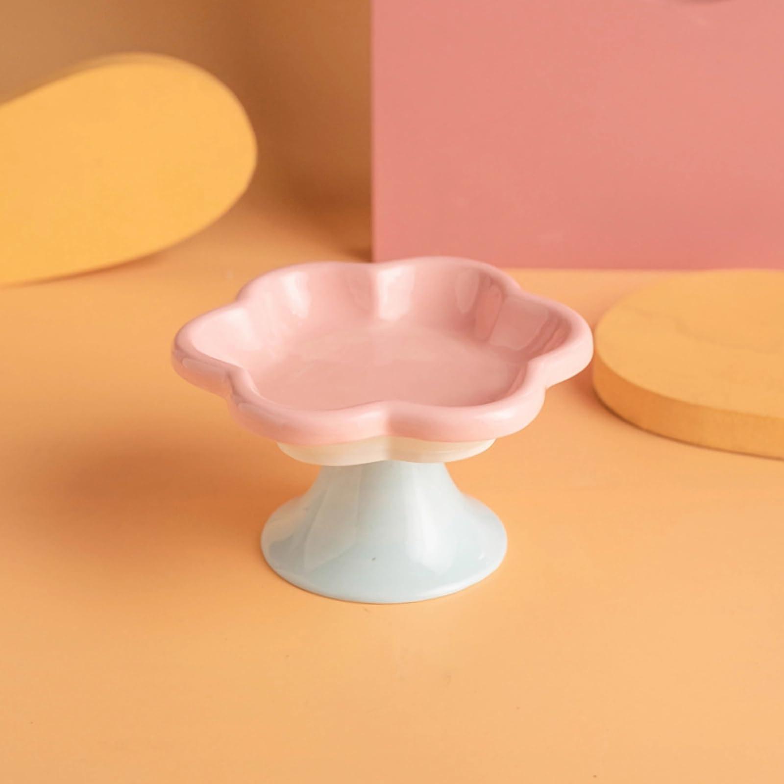 Raised Cat Bowl Elevated Ceramic Cat Food And Water Dish Wide Shallow Design To Reduce Whisker Fatigue Pink And Blue