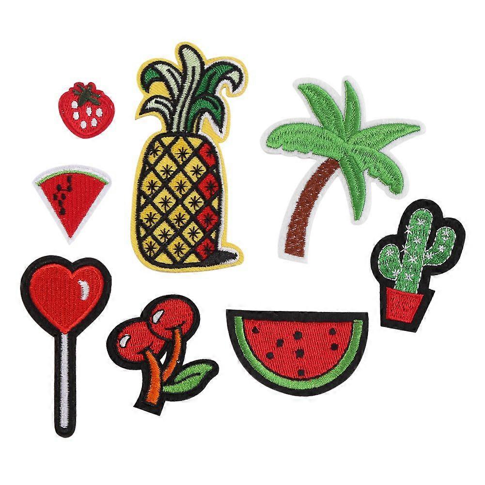 Set of 8 embroidered patches with drawings of coconut palm trees and cactus, shaped like fruits, to iron on