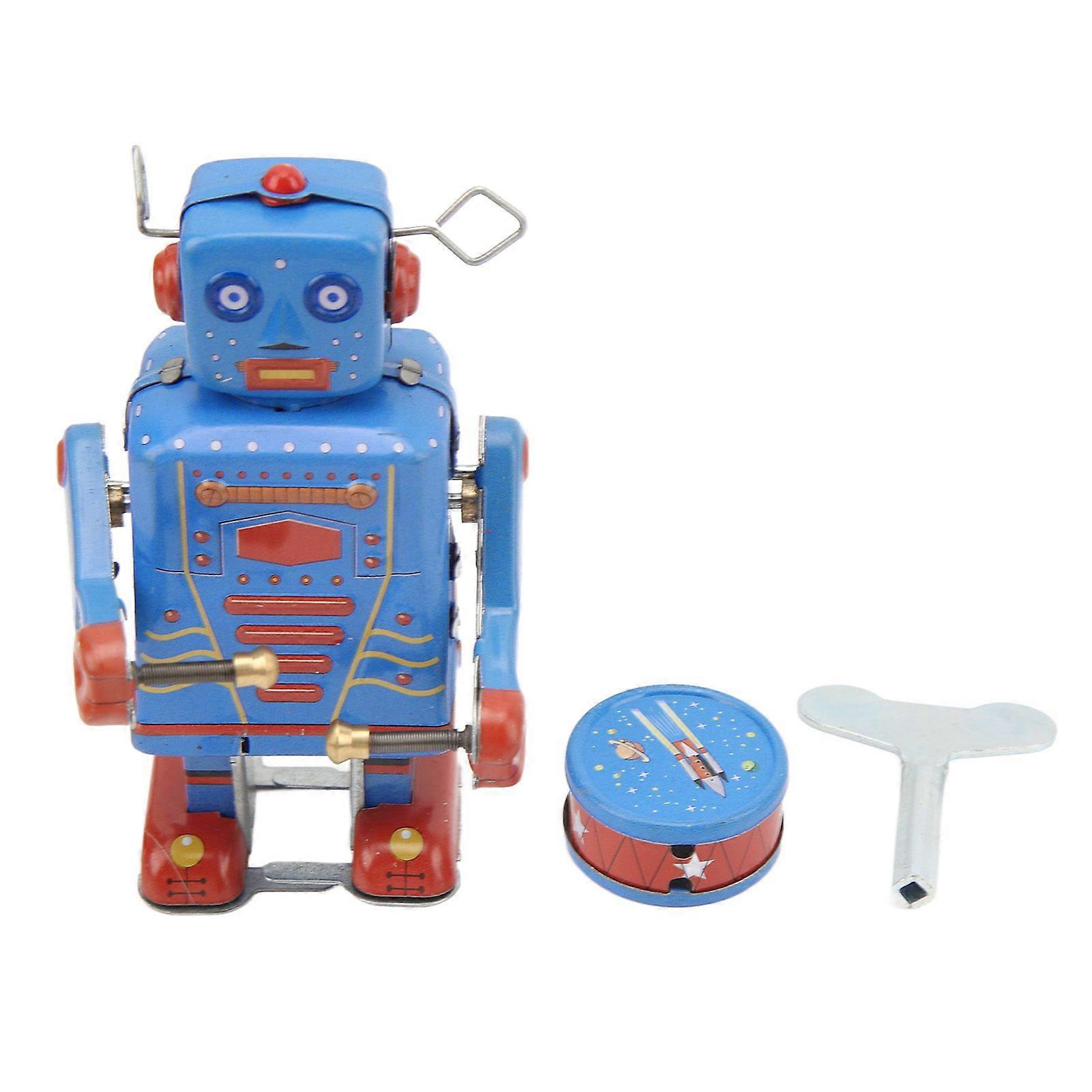 Clockwork Drumming Robot Toy Tinplate Retro Hand Made Drum Wind Up Robot for Kids Adult Collection
