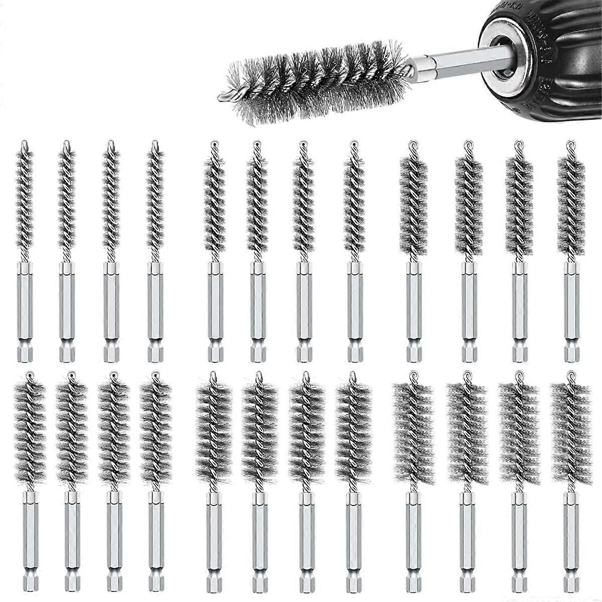 24PCS Wire Bore Brushes Set for Power Drill, with 1/4 Inch Hex Shank for Tubes Pipe Cleaning(8/10/1