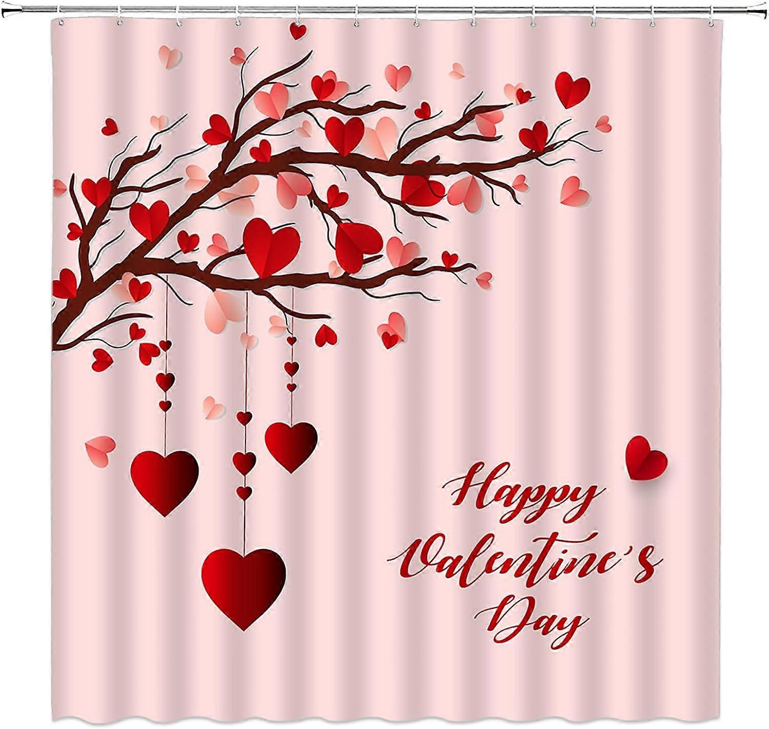 Valentine's Day RV Shower Curtain, Red Heart Tree Branch, Romantic Pink Blush Design, 36" W x 70" H with Hooks