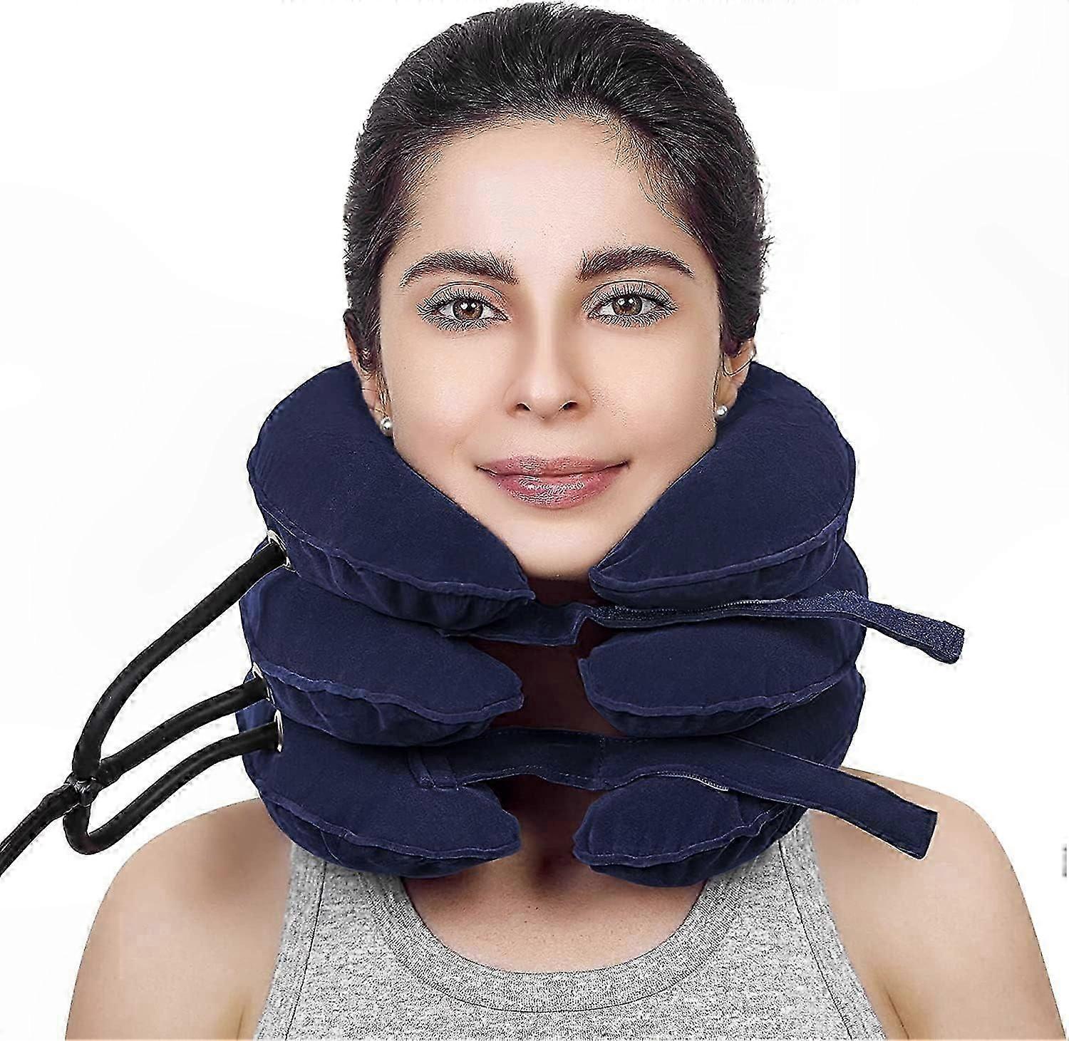 Inflatable and Adjustable Cervical Traction Device for Neck Support, Stretching, and Pain Relief (Blue)