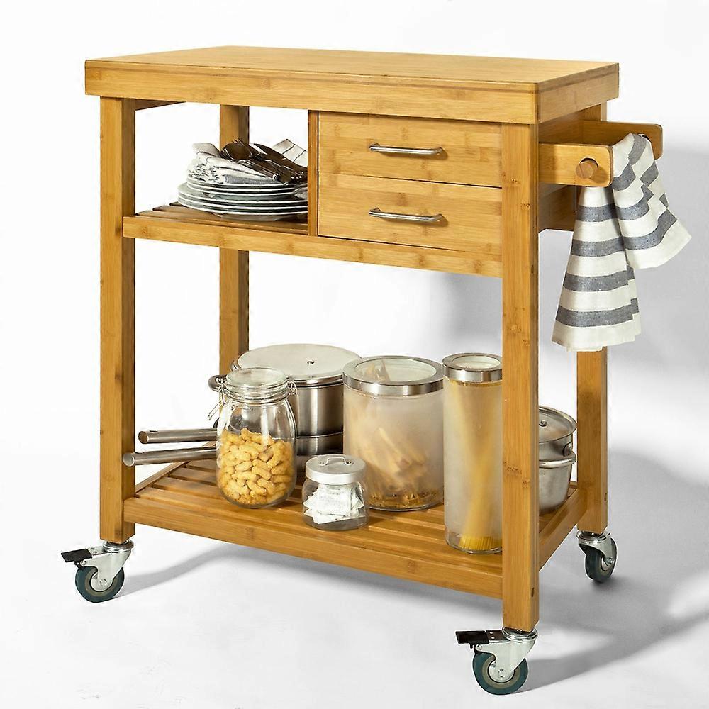 SoBuy FKW26-N,Bamboo Kitchen Island Cart with 2 Drawers & Towel Holder, Rolling Serving Cart with Storage Shelf, Mobile Kitchen Serving Trolley