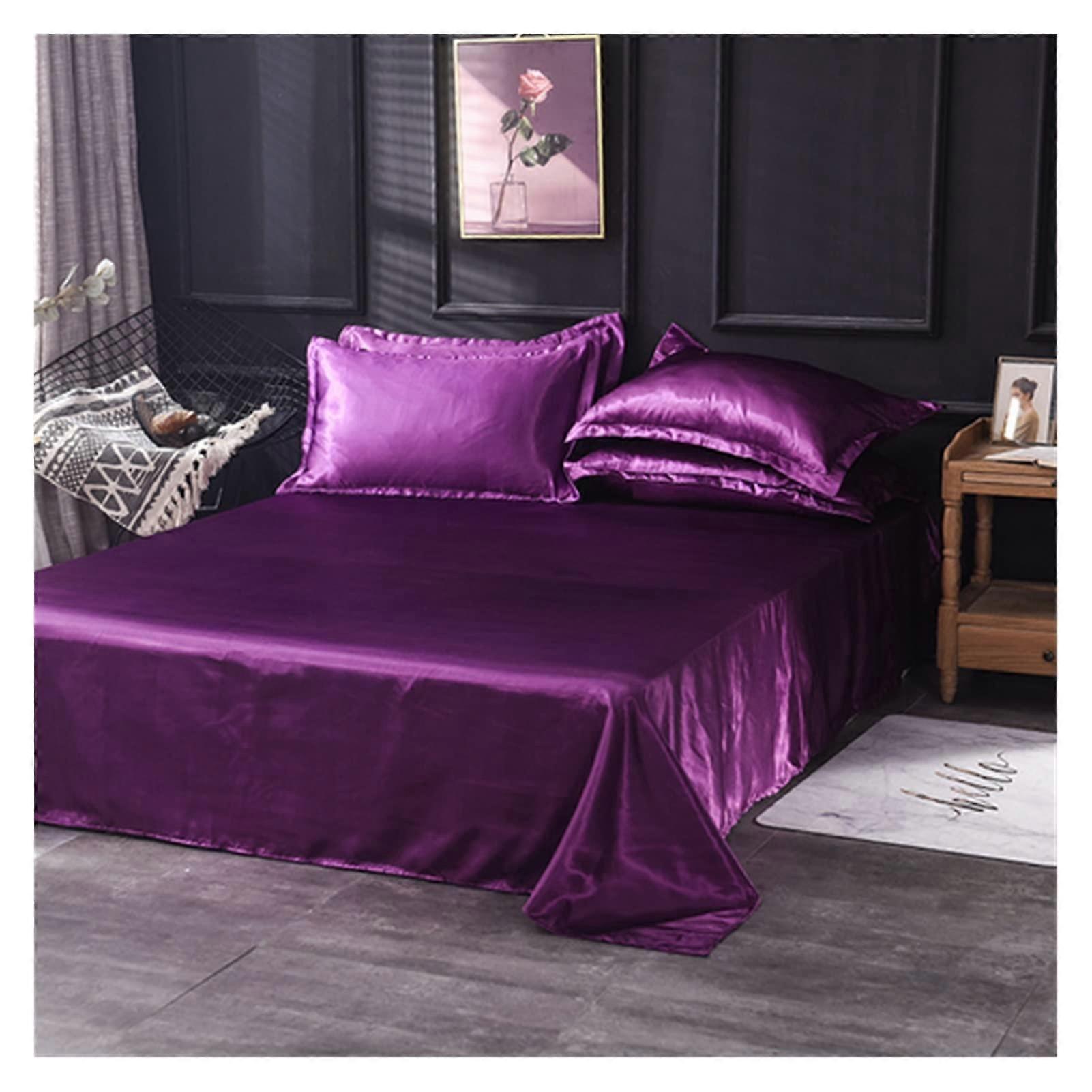 Ice Silk Bed Sheet Flat Sheet 1Pc Solid Purple Ice Silk Satin Fabric Queen King Size Includes 2 Pillowcases