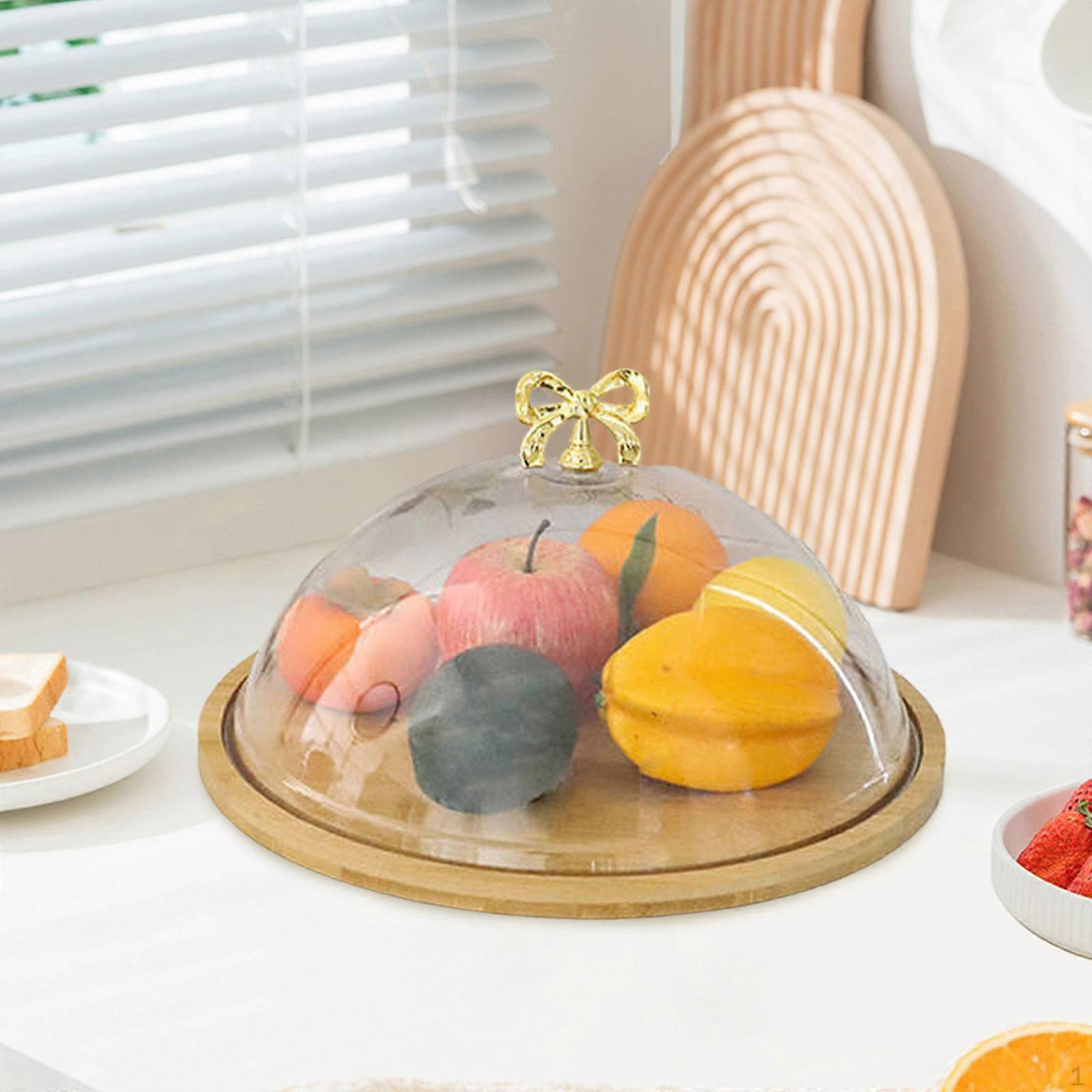 Bamboo Cake Stand with Dome Diaplay Plate Holder Dustproof Appetizer Dinnerware Bread
