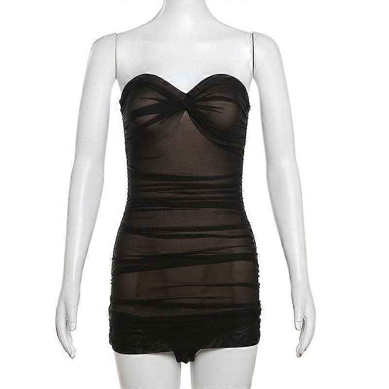 Spring Women's Strapless Backless Mesh Patchwork Ruffled Bodycon Hot Dress