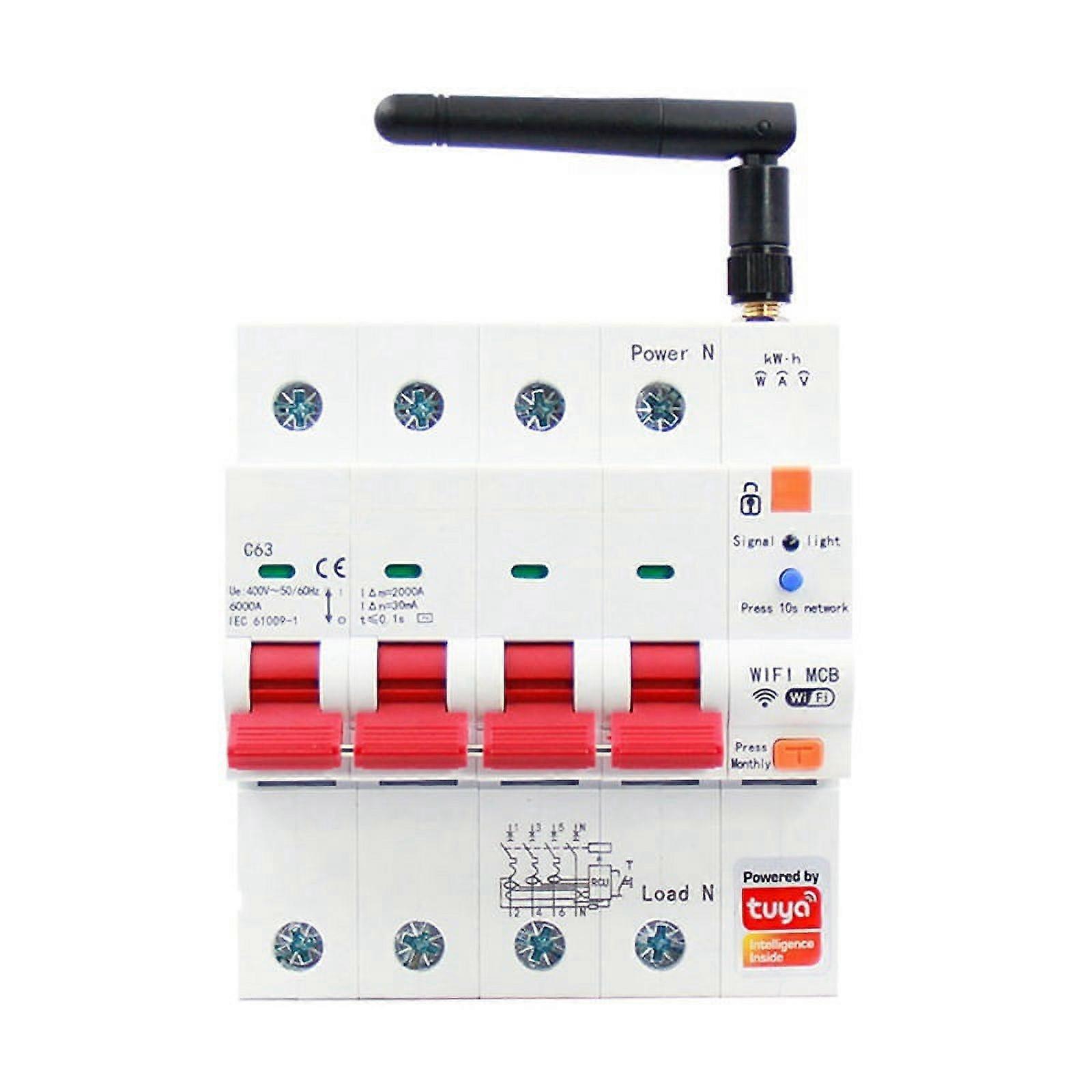 Tuya Smart WiFi RS485 4P MCB Breaker Prepaid Meter Switch Voltage Current Protector Voice Control 63A Adjustable