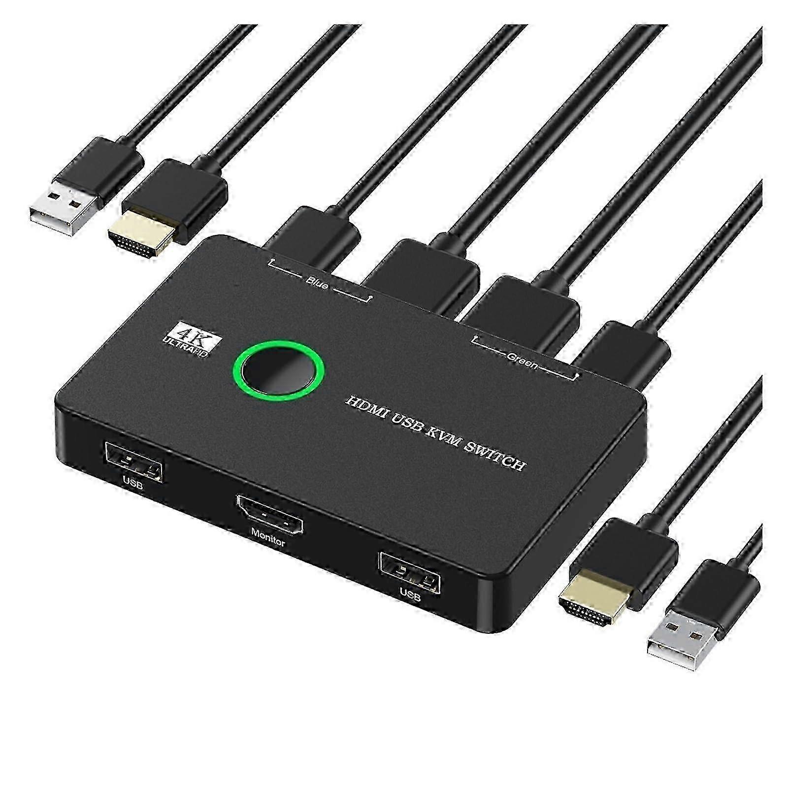 4K HDMI USB KVM Switch for 2 Computers Share Keyboard Mouse Printer and One HD Monitor with 2 HDMI Cables and 2 USB Cables