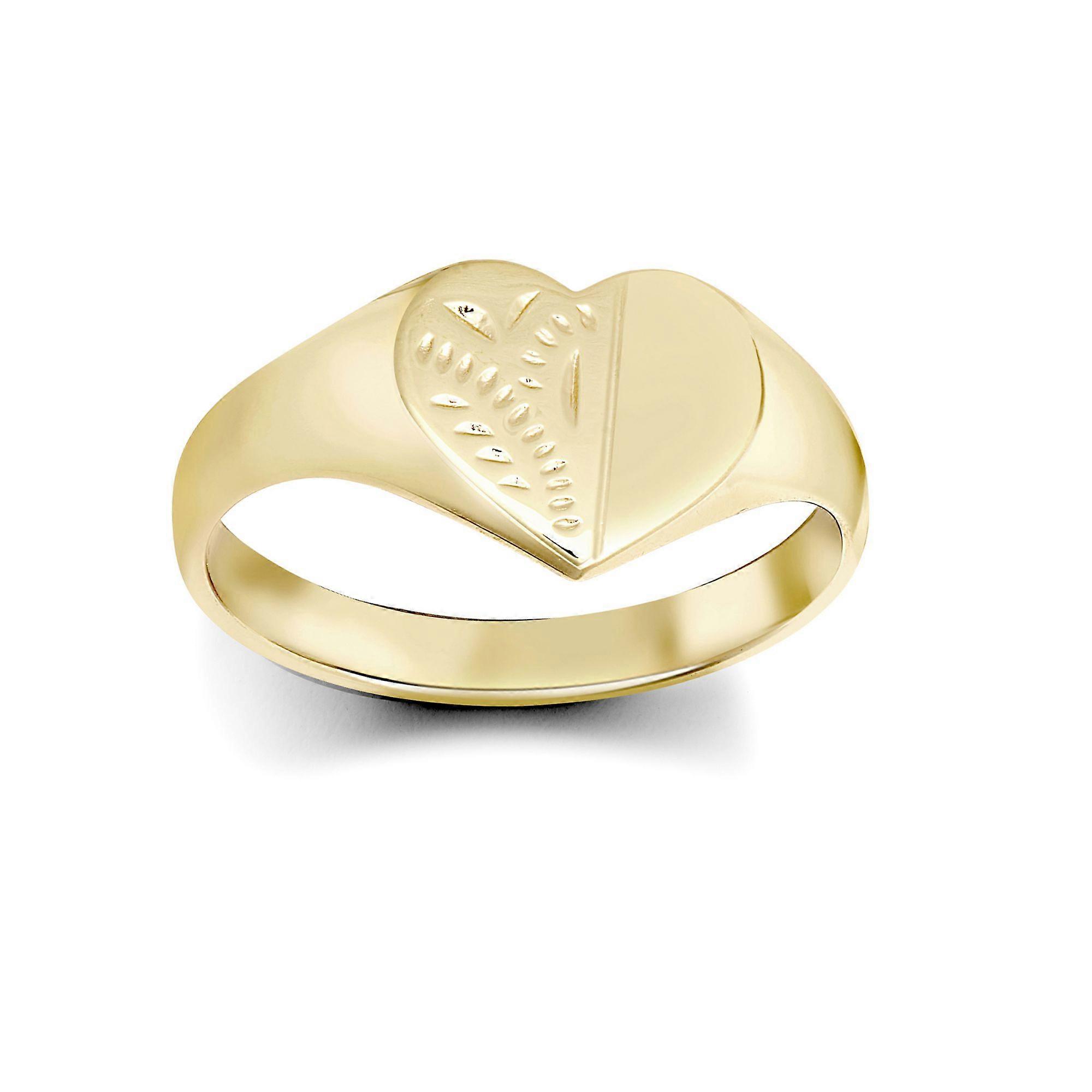 Jewelco London Ladies Solid 9ct Yellow Gold Diamond Cut Love Heart Signet Ring