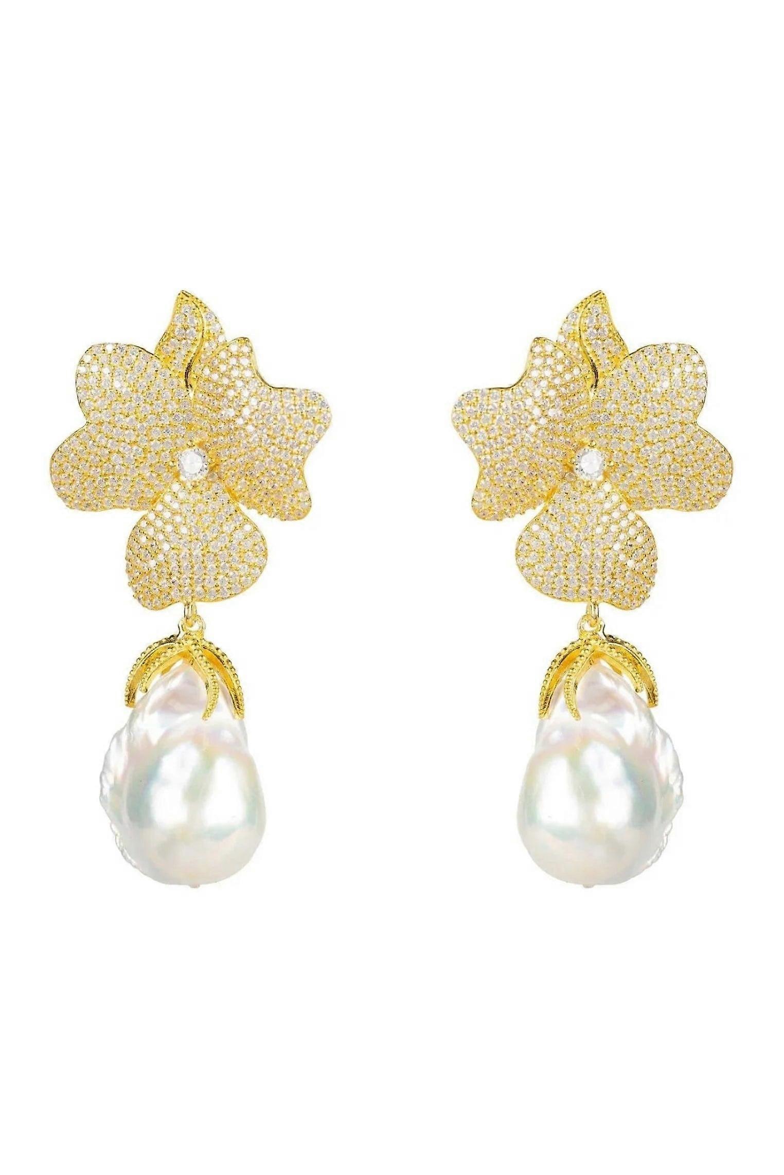 Latelita 巴洛克珍珠白花耳环 - 18K 金，925 纯银，5.5 厘米 x 3 厘米