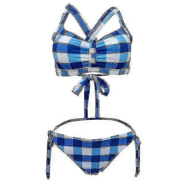 Women's Retro Plaid Triangle Bikini Set with Button Front & Split Strap