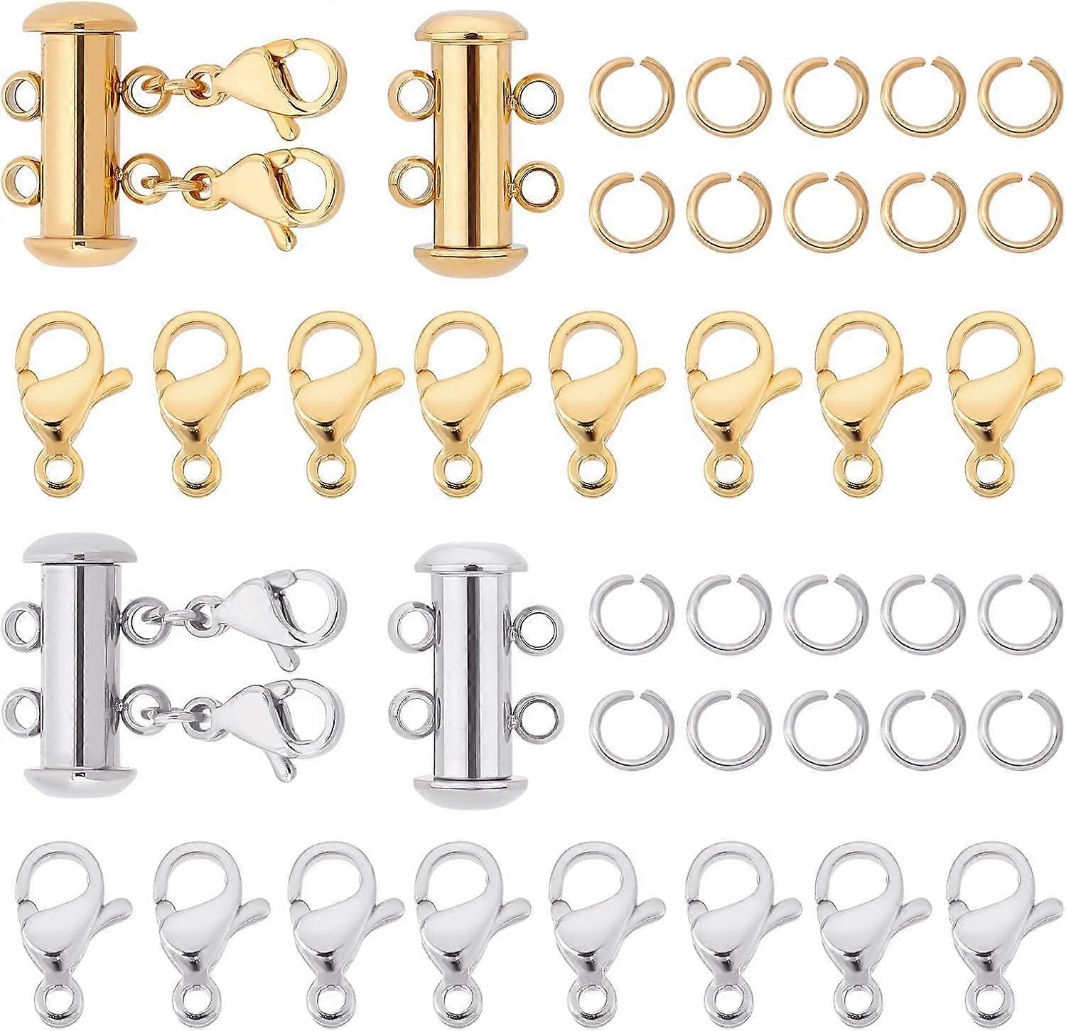 4 Sets 304 Stainless Steel 2 Strands Tube Slide Lock Clasps with 4 Holes with 40pcs Open Jump Rings and 20pcs Lobster Claw Clasps 2 Colors DIY Jewelry