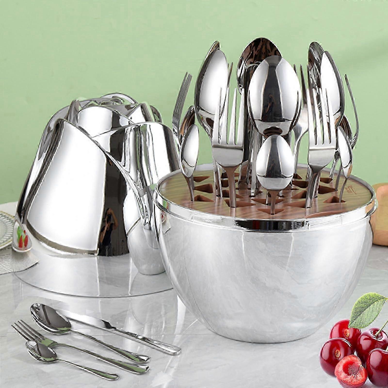 24pcs Stainless Steel Flatware Set for 6, Rose Shape Cutlery, Mirror Polished Tableware Knife Fork Spoon Utensils, Color-A