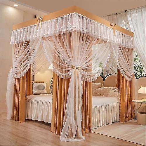Canopy Bed Curtains with Lace Drapes, Elegant DoubleLayer Queen Size Princess Canopy, Brown