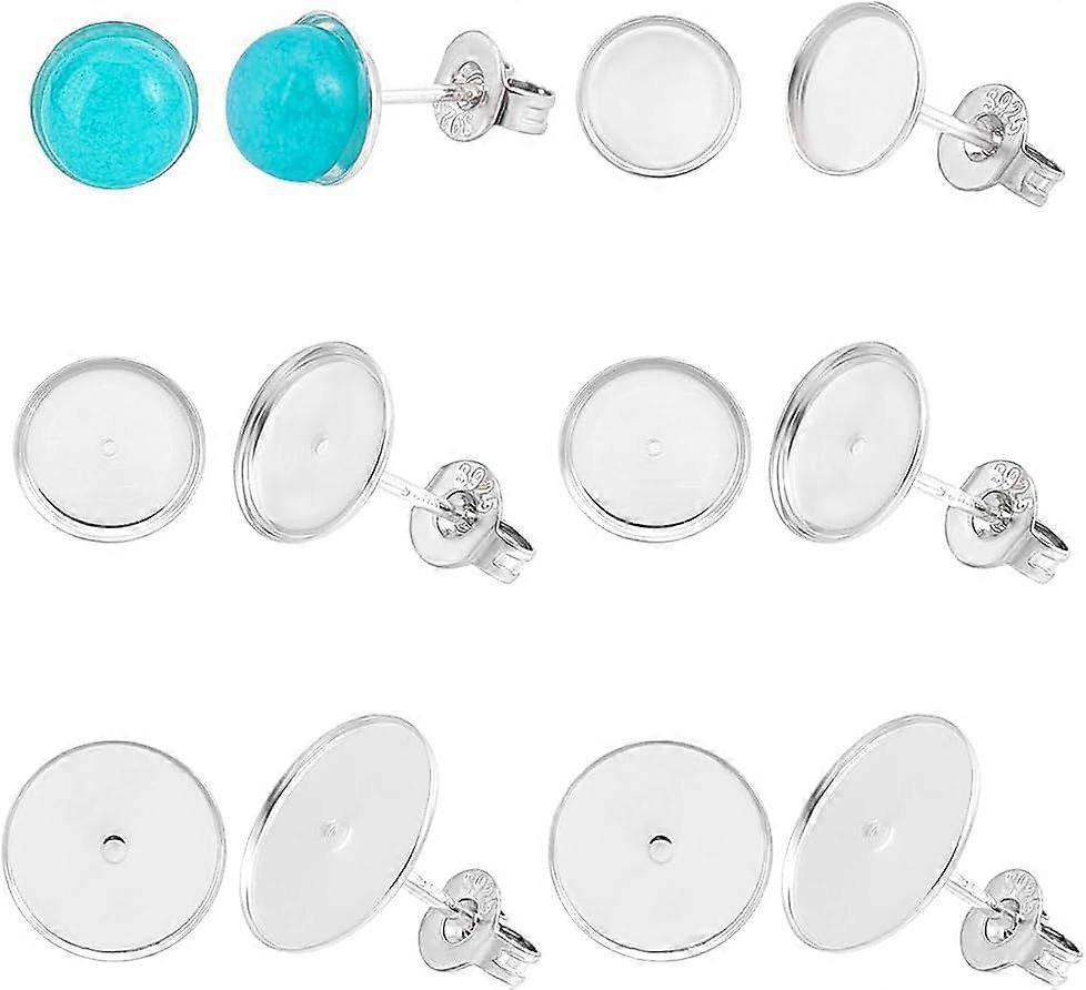 6 Pairs 925 Sterling Silver Earring Posts Settings 3 Size Round Stud Bezel Cups with 10.5x0.7mm Pins and 6 Pairs Butterfly Backs for DIY Earrings Proj