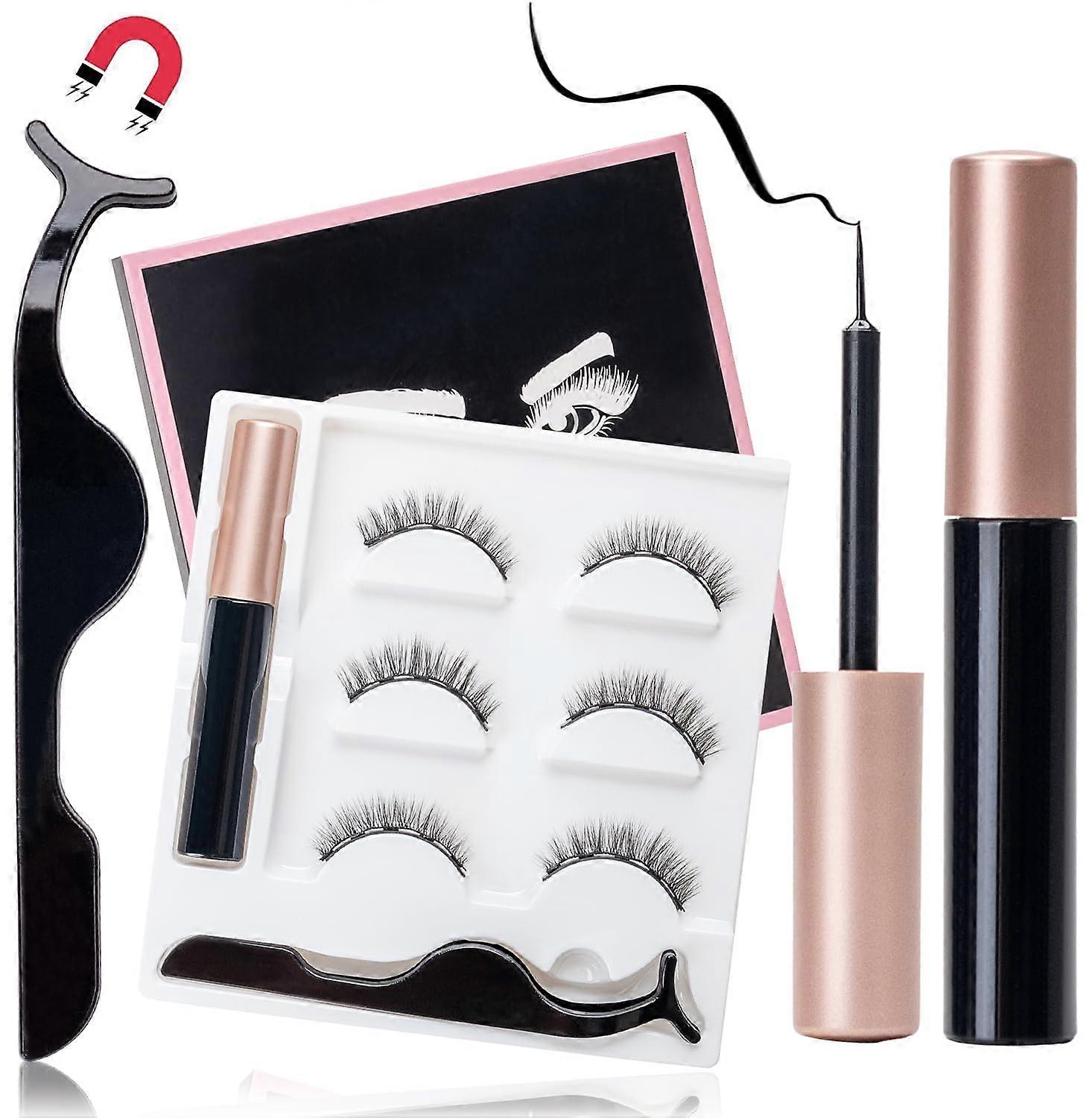 Magnetic Eyelashes Kit with Eyeliner and Tweezers, 3 Pairs 3D 5D Reusable Natural Lashes