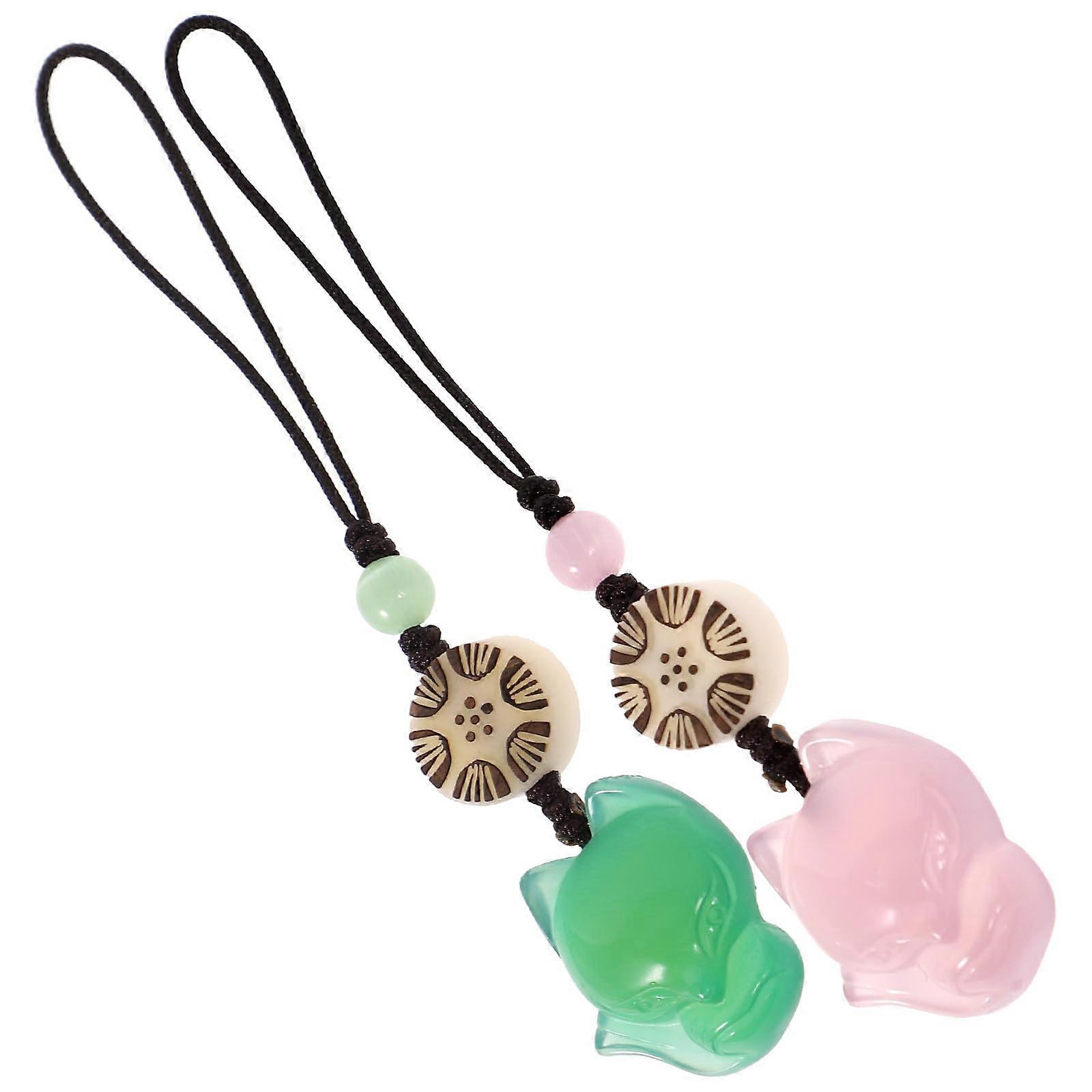 Green and Pink Jade Phone Charm Set with Stylish FoxShaped Agate Keychain for Bag or Case