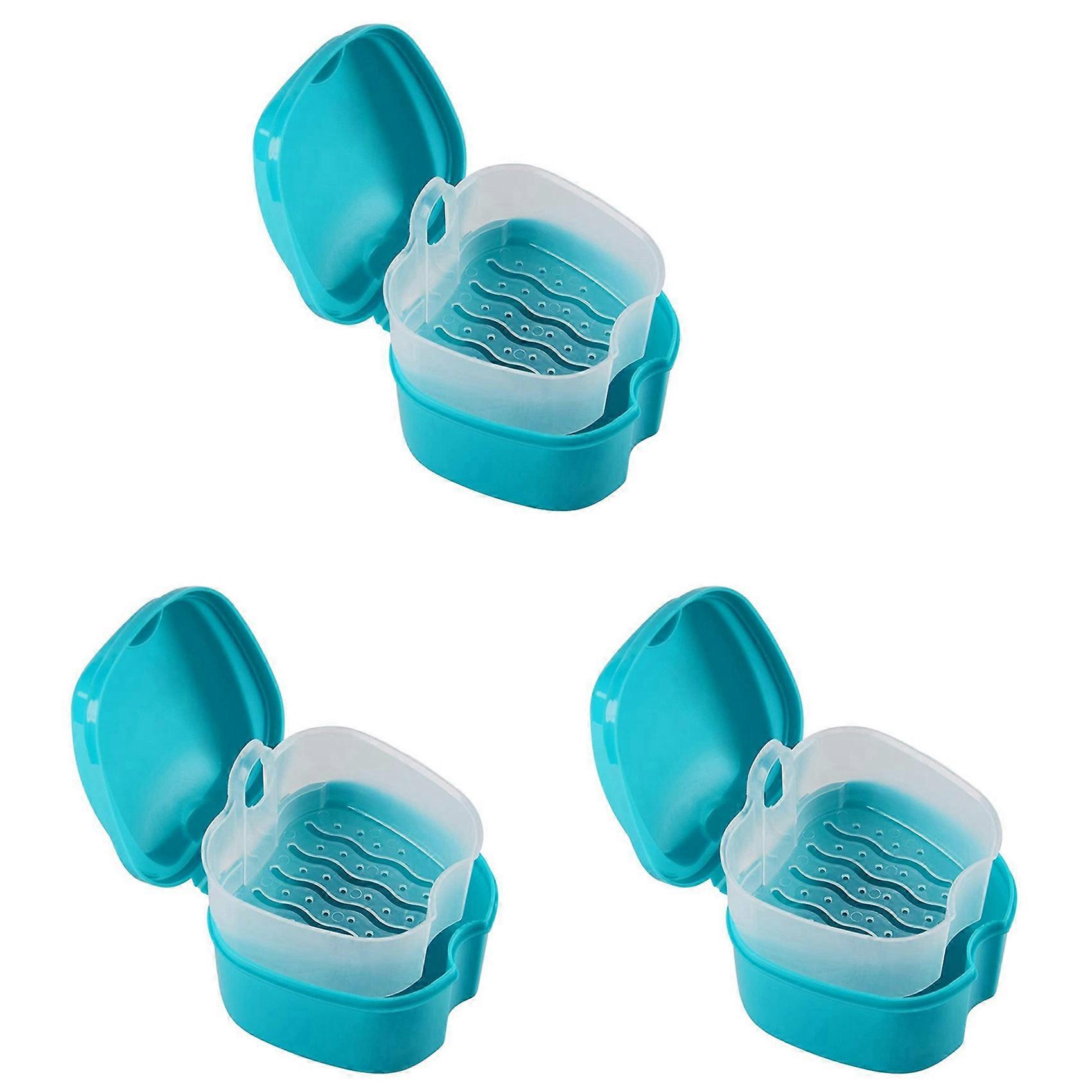 3X Blue Denture Case,Denture Cup with Strainer,Denture Bath Box False Teeth Storage Box with Basket Net Container Holder