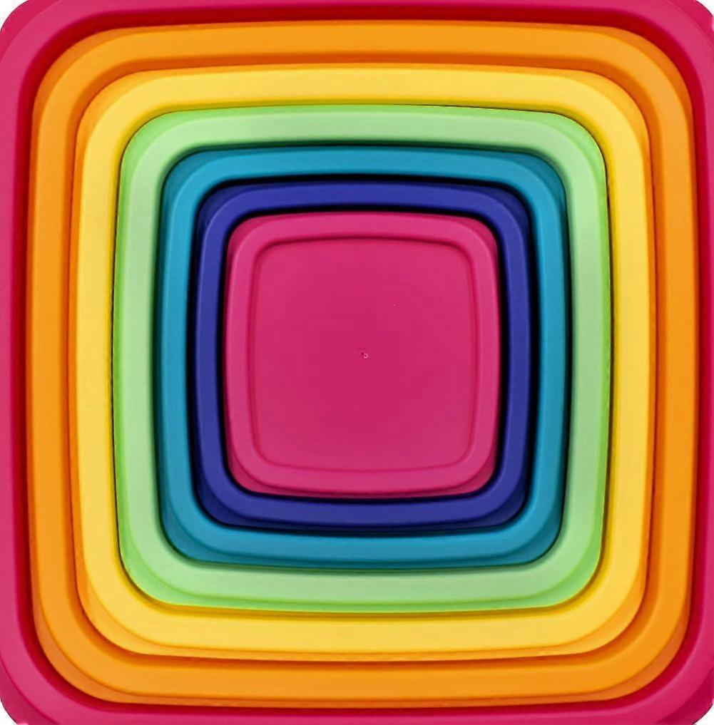 Food Storage Containers Set, Square Nesting Design, Rainbow ColorCoded, 14 Piece Plastic with Lids