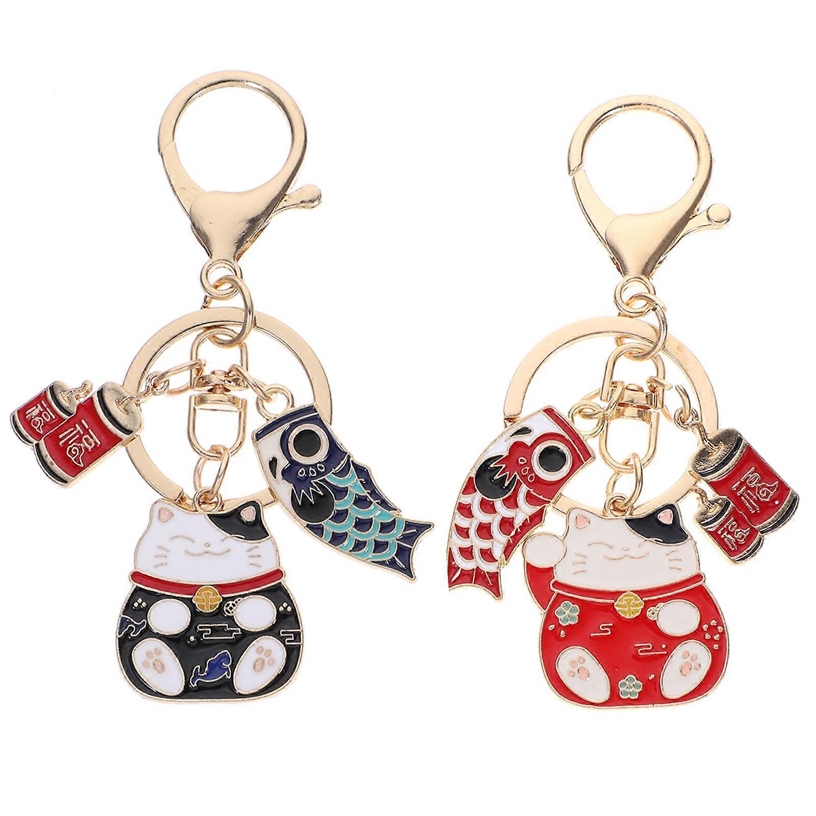 Fortune Cat Keychain Japanese Style Key Chain Ring for 2Pcs Use