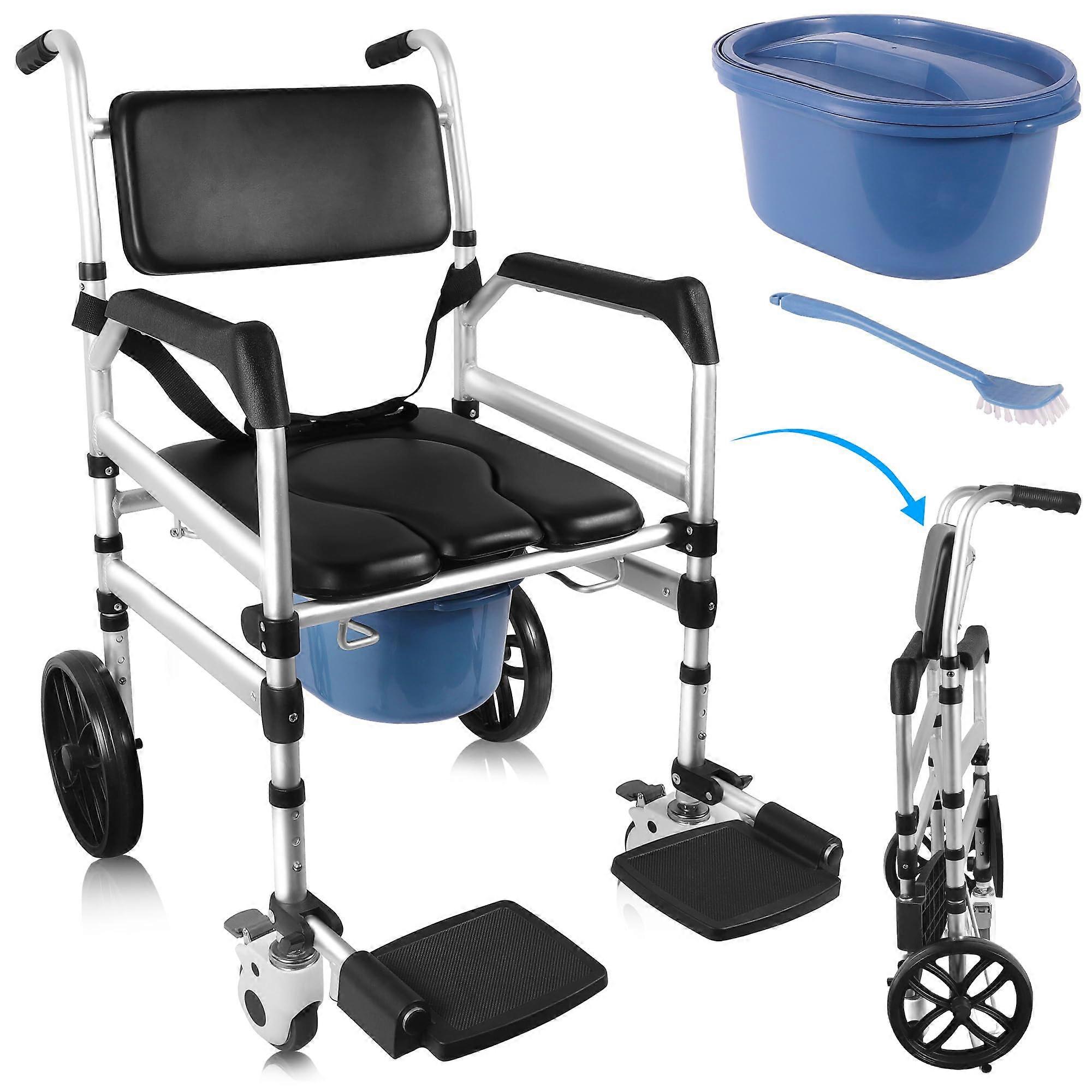 Foldable Height Adjustable Shower Wheelchair with Wheels for Seniors, 4 in 1 RustResistant Frame