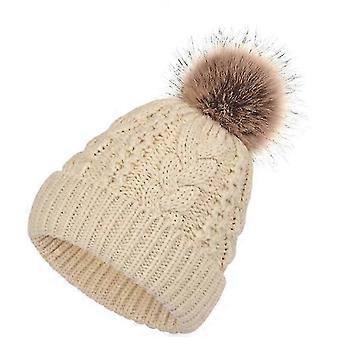 Big Hairy Ball Beanie Hat Double Layer Warm Twist Pattern Knit Cap (d-583-a)