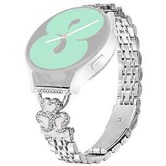 Pulseira de metal prateada com trevo e coração para Samsung Galaxy Watch 7/ 6/ 5/ 4 44mm 40mm/ FE 40mm/ 5 Pro 45mm/ 6 Classic 43mm 47mm/ 4 Classic 46mm 42mm