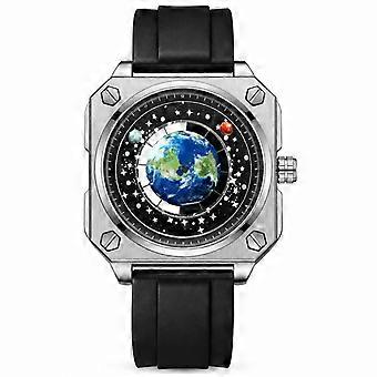 Men's Watch Creative Large Dial Earth Moon Starry Sky Black Silicone Strap Silver Steel Case Black Dial JY