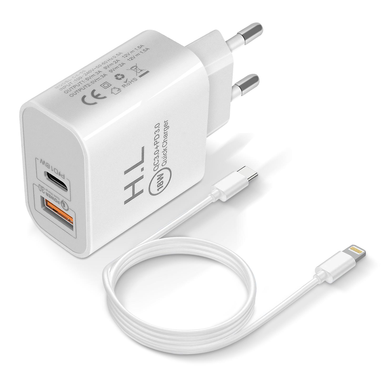 Car Charger USB / USB-C 18W Power Delivery Q.C 3.0 Lightning Cable White