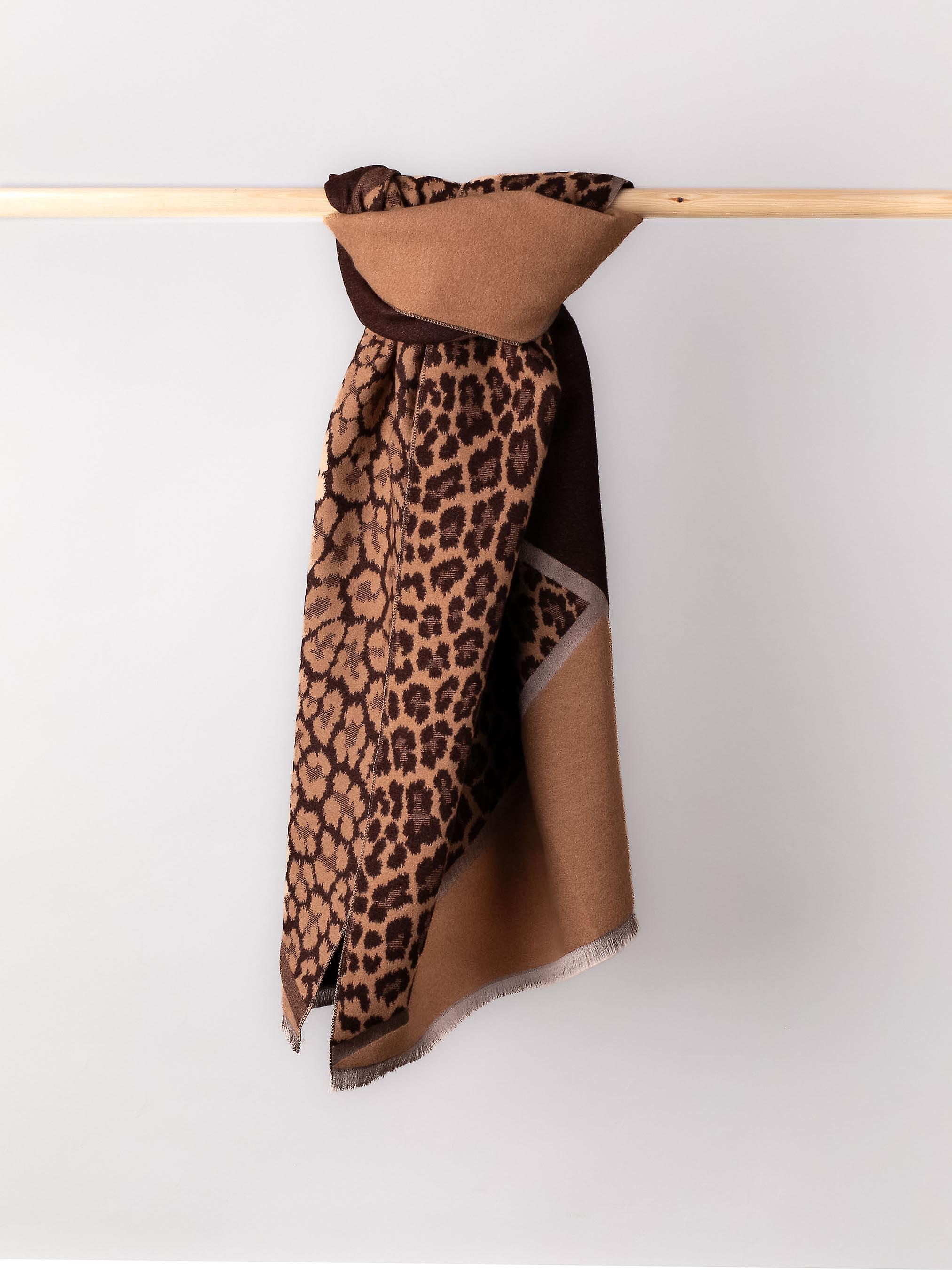 Fifi Leopard Print Block Scarf in Camel and Berry