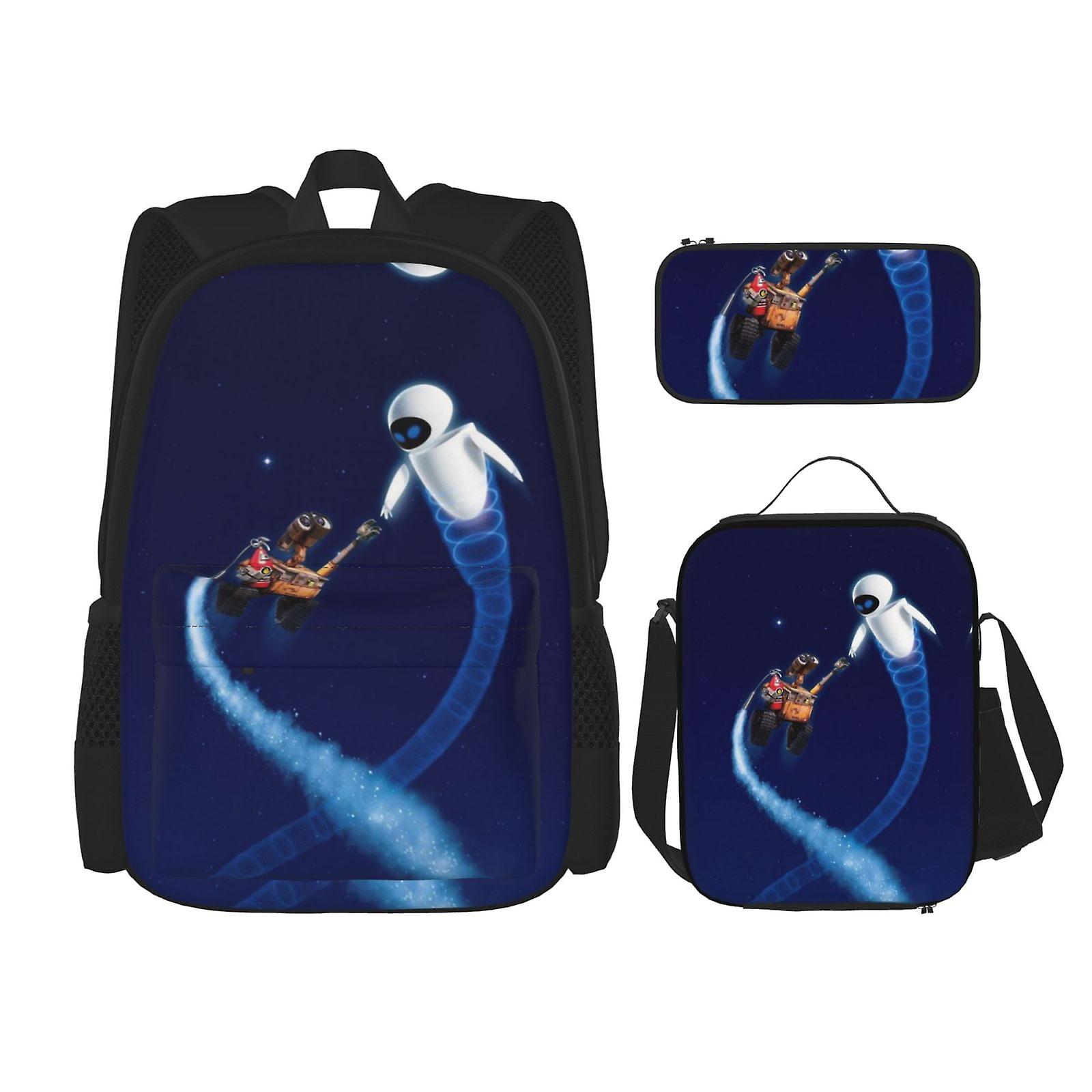 WALL E Travel Camping Work Backpack  Basic Daypack Funny Anime Computer Bags Set 3 Piece Backpack With Lunch Box Pen Case