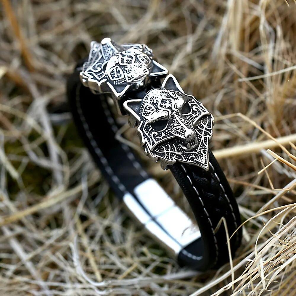 Yüksek Kaliteli Vintage Viking Kurt Kafası Bilezik Yeşil Taşlı Punk Kalça Kalça Deri Bilezikler Erkekler Için Moda Takı