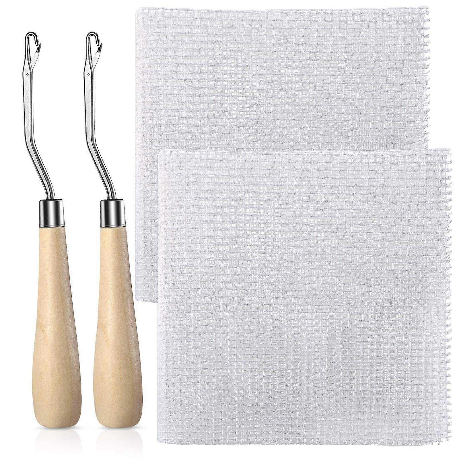 2 stks Blank Rug Hooking Mesh Latch Hook Canvas Kit met 2 stuks Houten Gebogen Haken voor DIY Tapijt Tapestry (19X19 Inch)