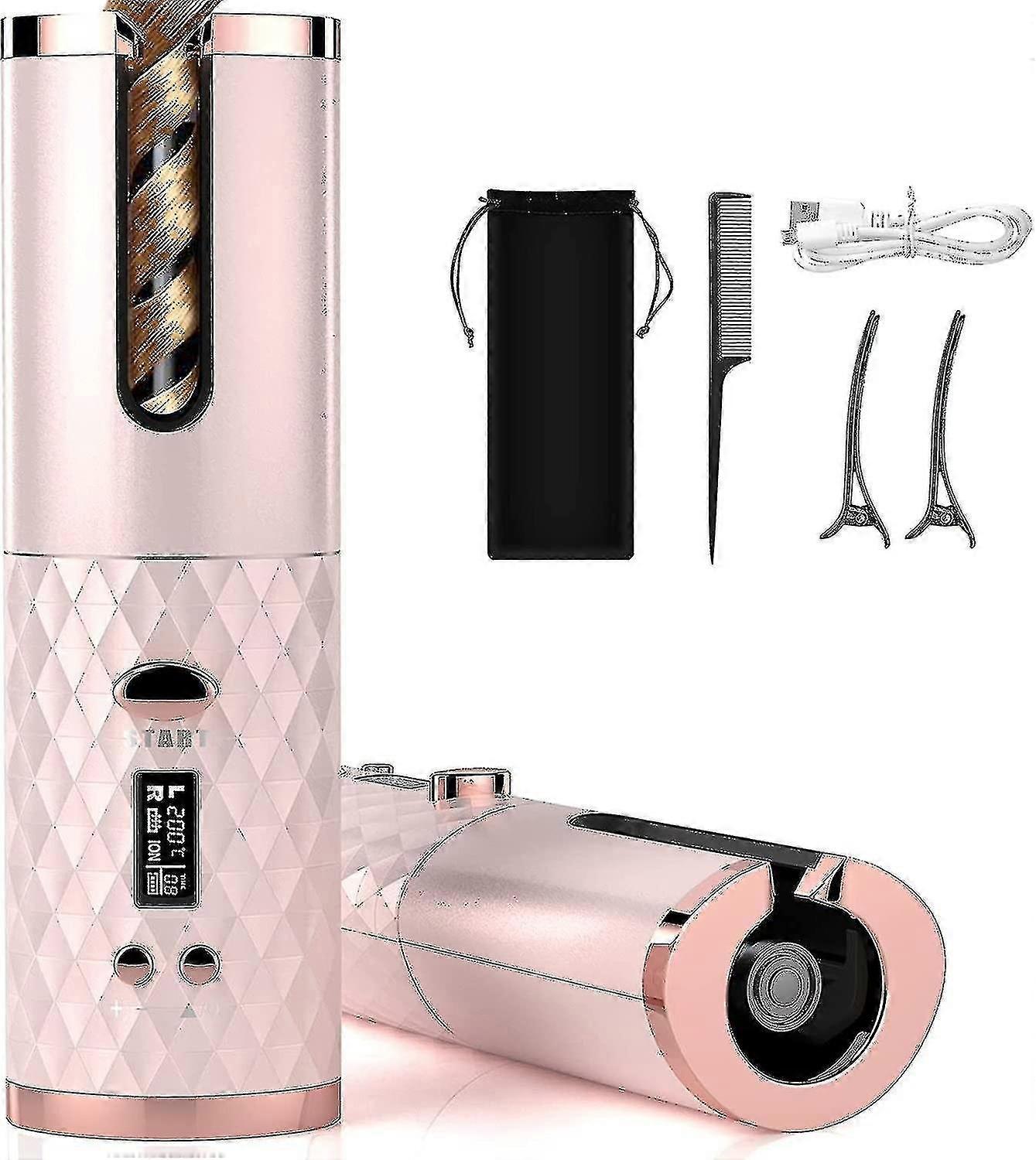 Fer à friser automatique, baguette de curling rotative sans fil avec 6 températures rose