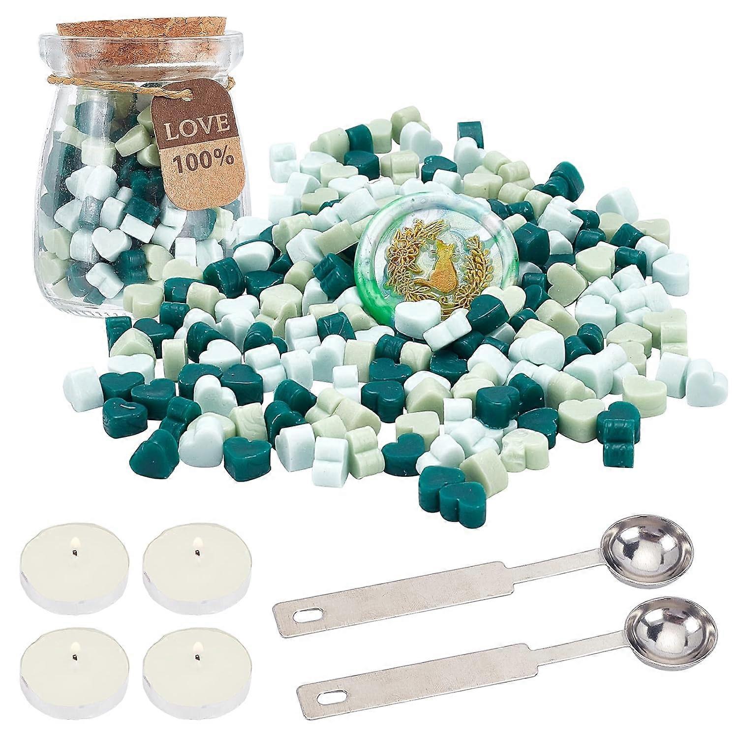 Sealing Wax Kit Green Series Wax Seal Beads-Heart Shape Packed in Glass Jar with 4pcs Candles 2pcs Wax Spoon Sealing Wax Beads Set for Sealing Hallowe