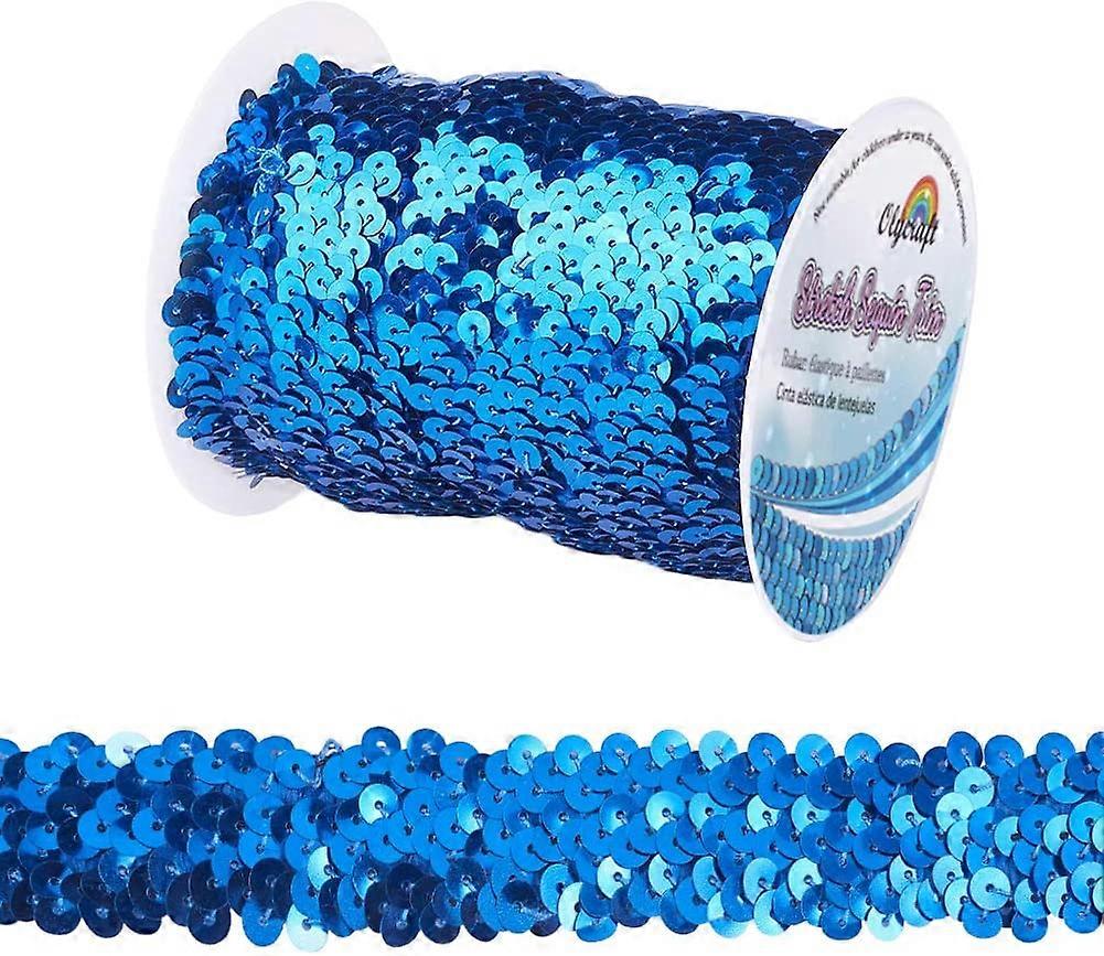 11-Yard 1 Inch Elastic Sequin Trim Metallic Blue Stretch Sequin Trim 3-Row Fabric Paillette Ribbon Trim for Dress Embellish and Headband