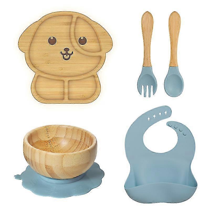 Children's Bamboo Tableware Set - Plate Bowl Spoon With Stay Put Suction - Blue