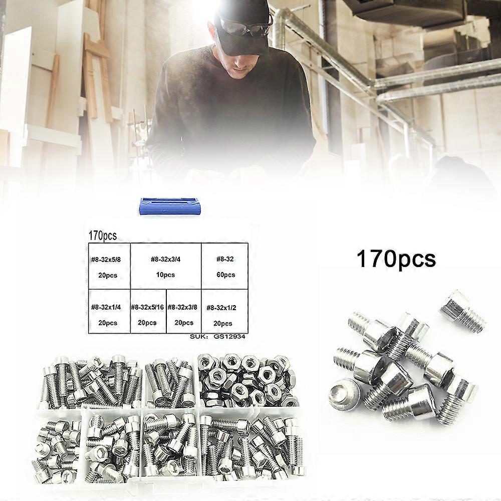 170Pcs #8-32*1/4 Screw Set Stainless Steel Hexagon Socket Head Screw Nut