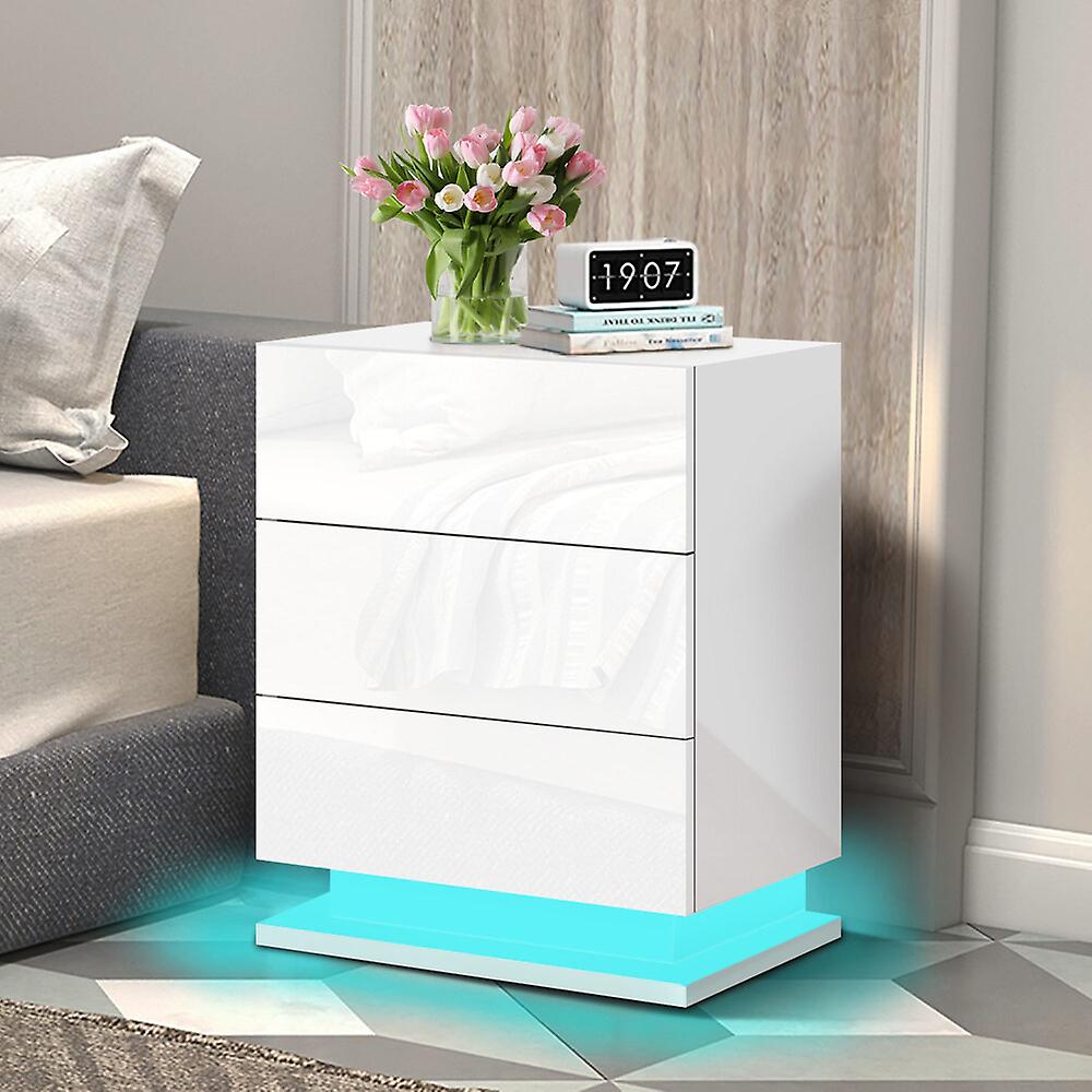 ELFORDSON Bedside Table LED Bedside Cabinet 4 Side High Gloss Nightstand